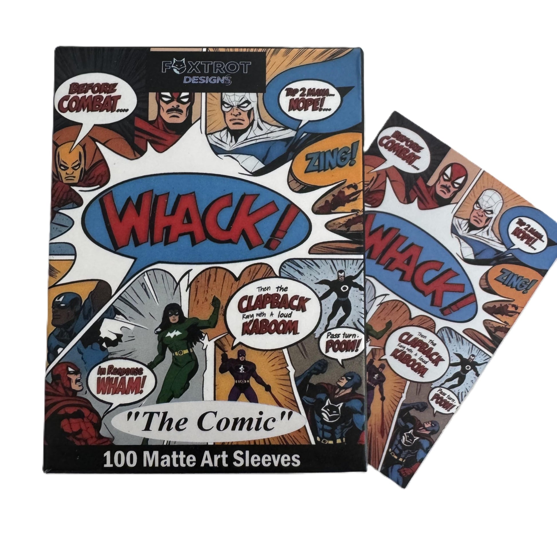 Foxtrot Designs TCG Art Card Sleeves. Superhero Comic Book Design - 100 Count Card Protectors with Matte Textured Back - Compatible with Magic The
