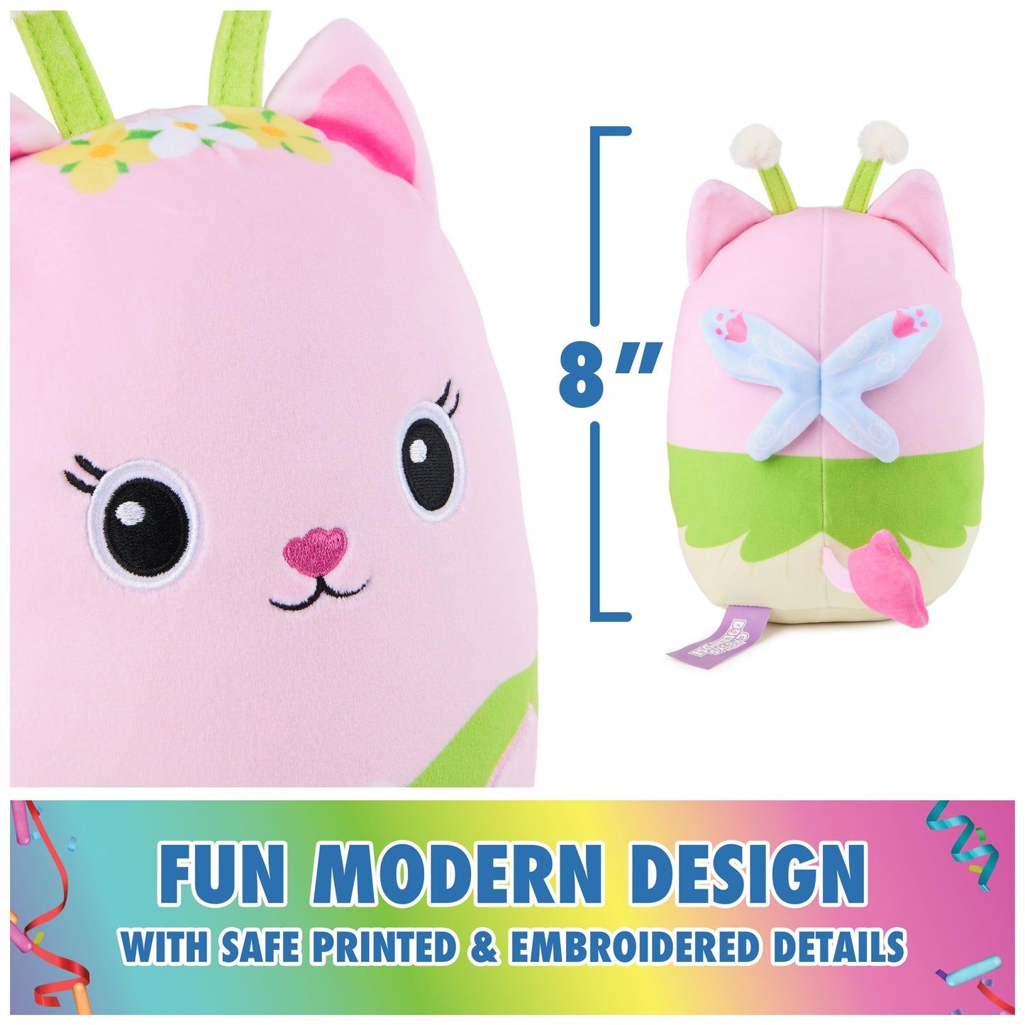 Gabby’s Dollhouse Official Kitty Fairy Squishy Plush Toy, Cat Stuffed Animal, Squishy Toys for Ages 1 & Up, Pink/Green, 8”