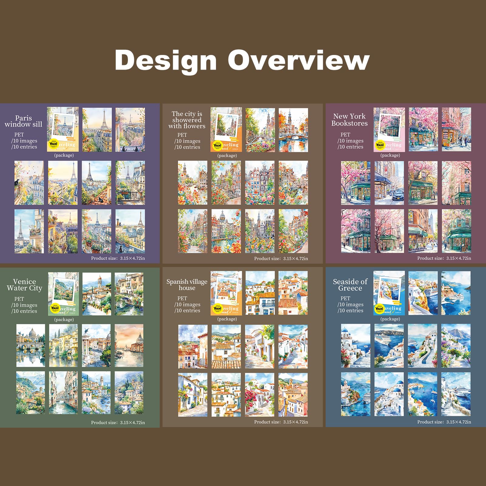 AuriicLeaf Travel Scenery PET Sticker Set, 60PCS Large Landscape Scrapbook Supplies for Journaling, DIY Crafts and Planner