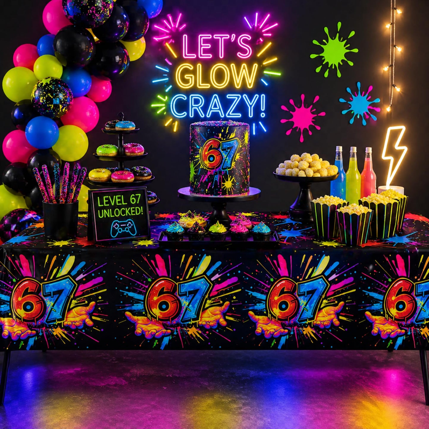 Blue Orchards 67 Tablecover (Pack of 3) - XL 54"x108" - Immersive 67 Birthday Party Decorations, 6 7 Paint Splatter Party Tablecloth, Brainrot Themed