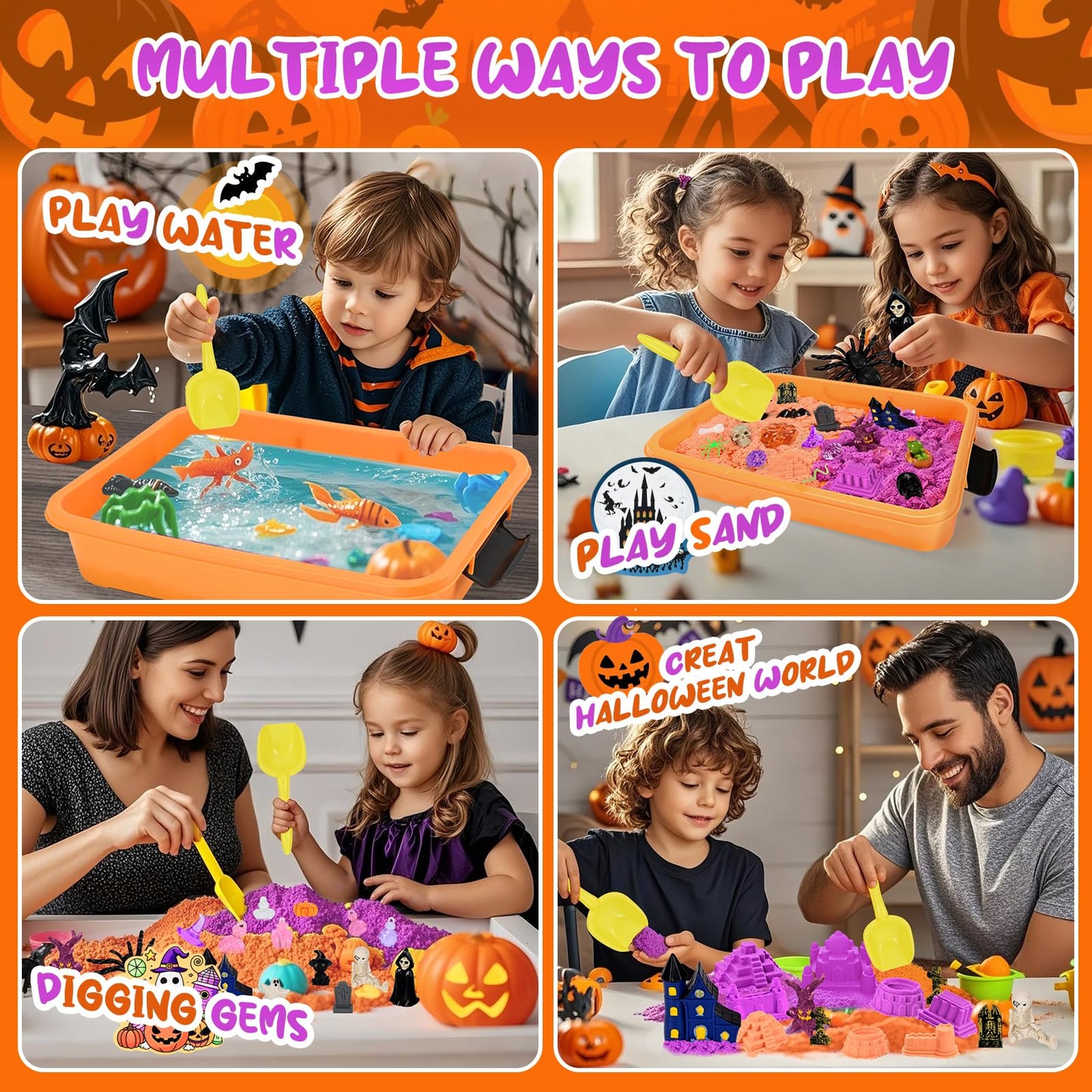 Halloween Sensory Bin Sandbox Set for Kids, Play Sand Art Kit with 2.2 lbs Magical Sand, Sandbox with Sensory Toys, Castle Moulds, for Toddlers, Girls