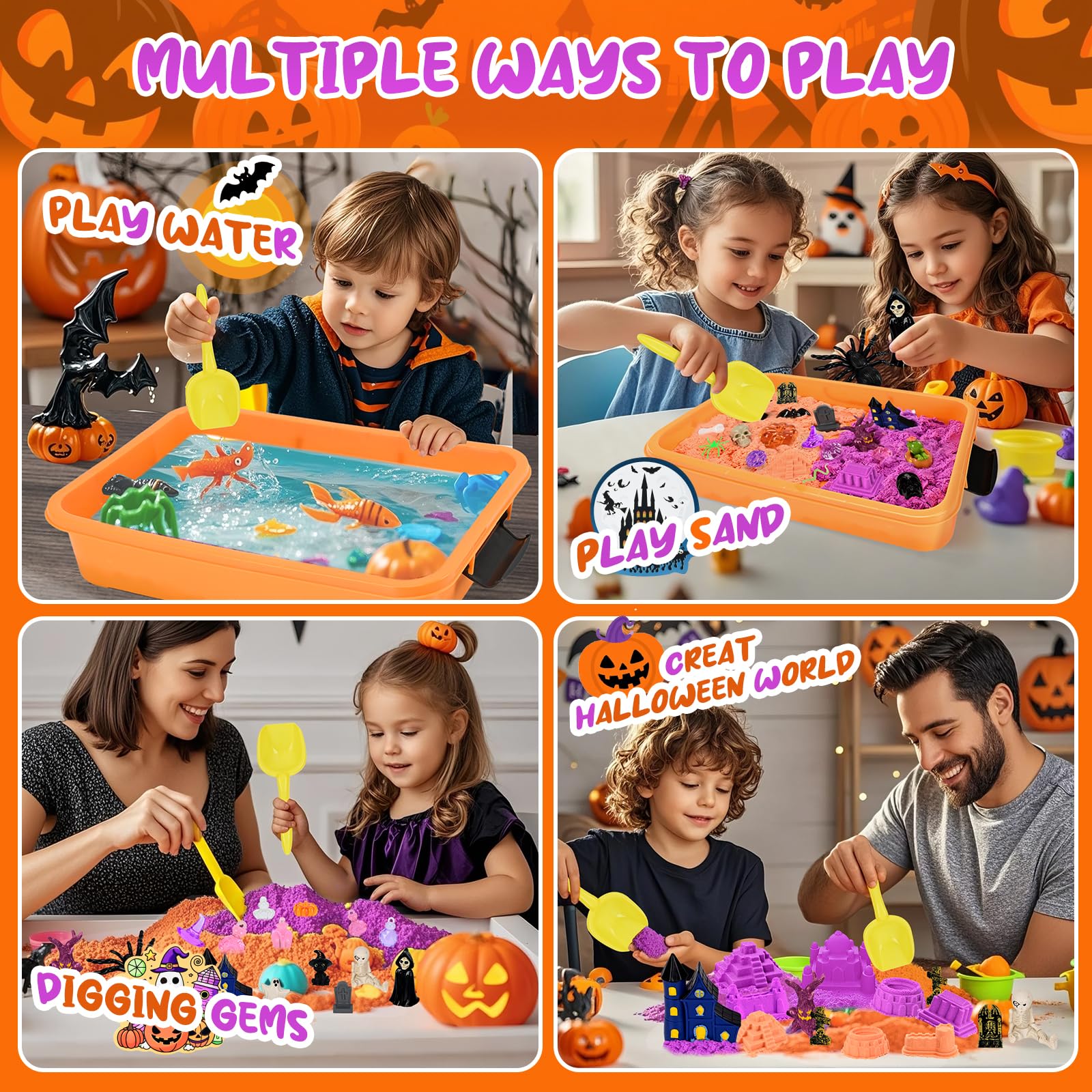Halloween Sensory Bin Sandbox Set for Kids, Play Sand Art Kit with 2.2 lbs Magical Sand, Sandbox with Sensory Toys, Castle Moulds, for Toddlers, Girls