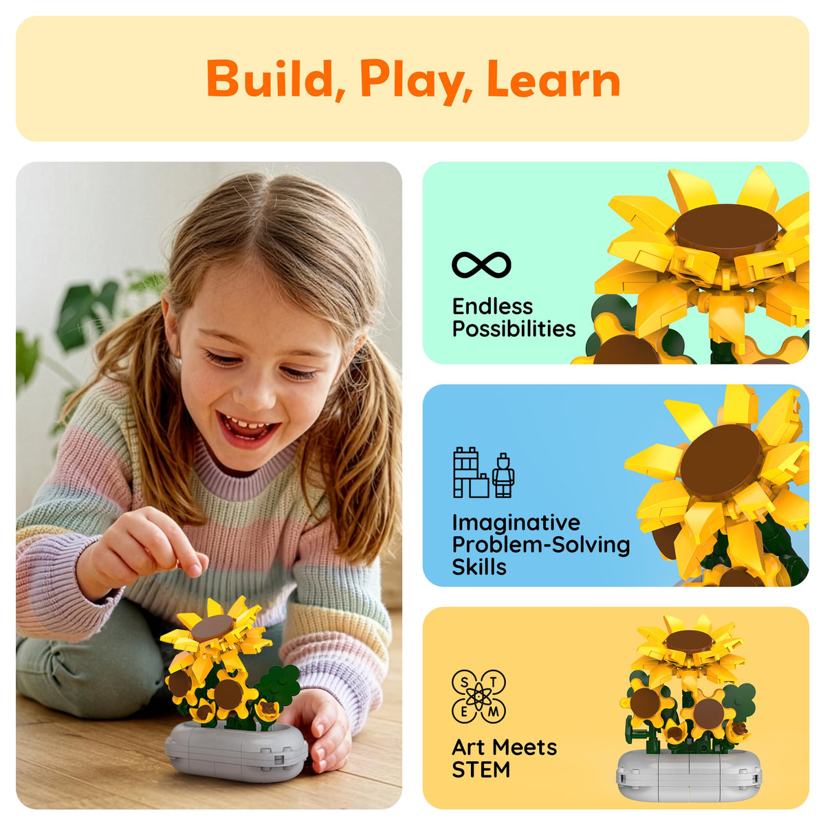 PicassoTiles 130pc STEM Sunflower Building Brick Block Set with Vase Flower Craft Toy for Kids Ages 3+ Educational Learning and Creative Activity