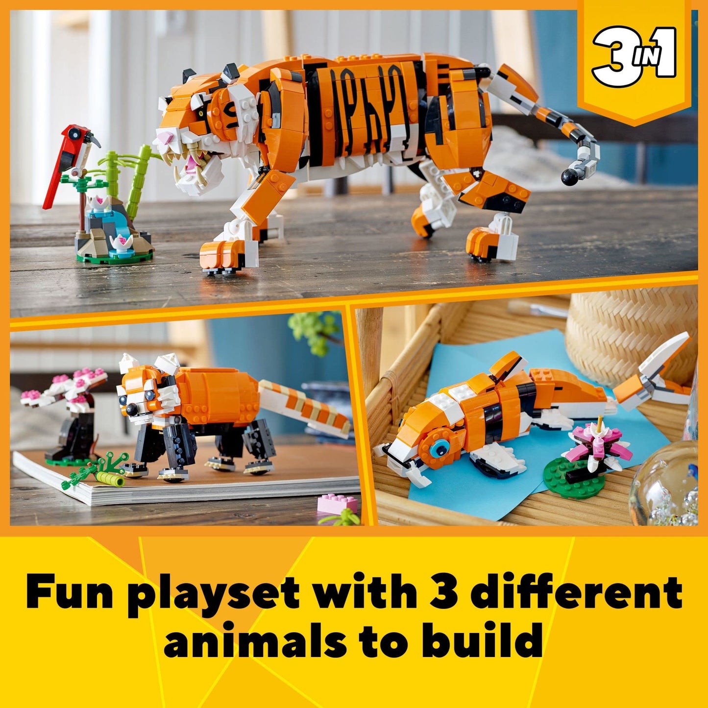 LEGO Creator 3 in 1 Majestic Tiger Building Set, Transforms from Tiger to Panda or Koi Fish Set, Animal Figures, Collectible Building Toy, Gifts