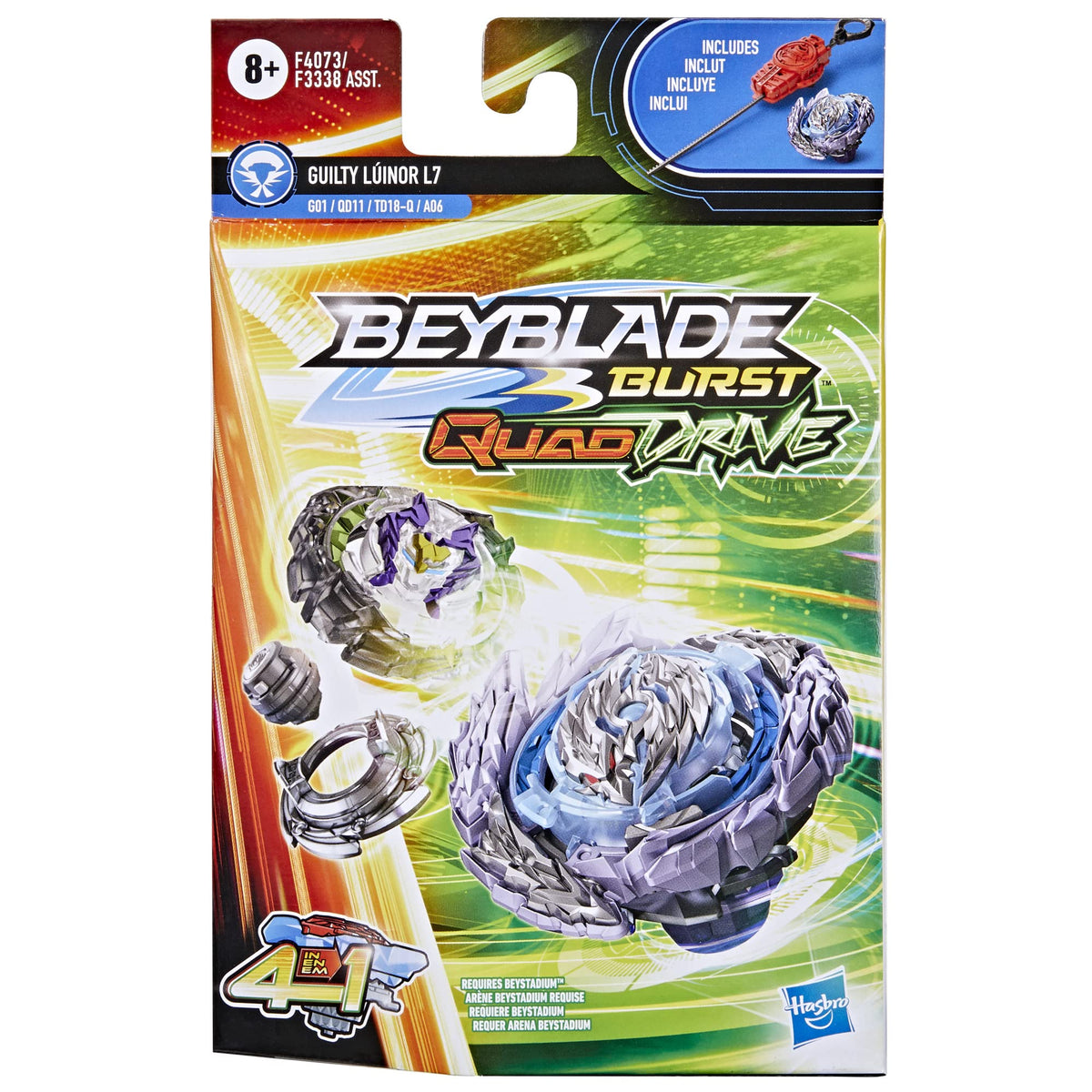 Beyblade Burst QuadDrive Guilty Lúinor L7 Spinning Top Starter Pack - Attack/Defense Type Battling Game with Launcher, Toy for Kids