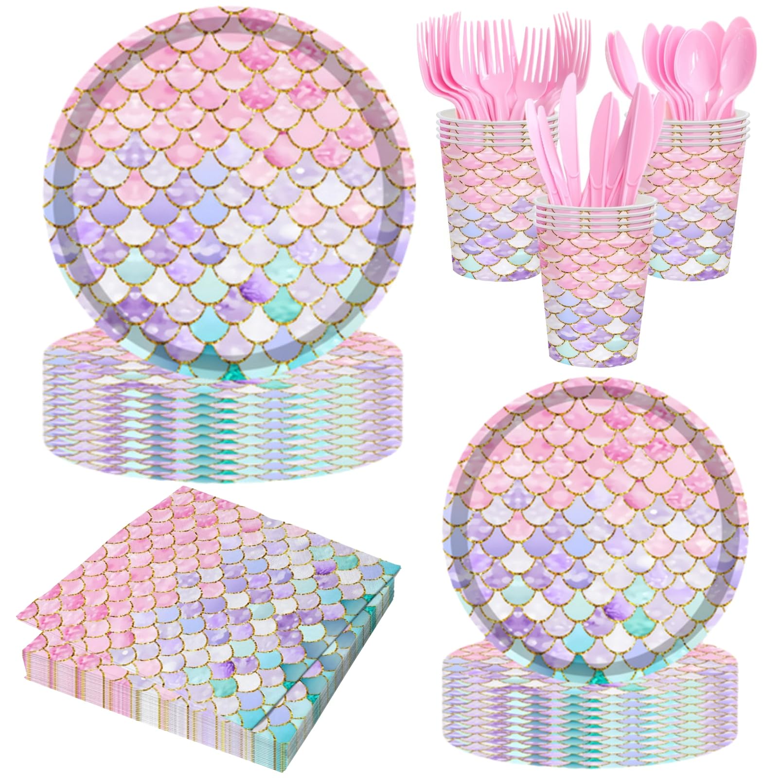 168 Pcs Mermaid Birthday Party Decorations Plates Set for 24 Princess Girls