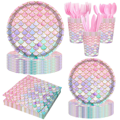 168 Pcs Mermaid Birthday Party Decorations Plates Set for 24 Princess Girls