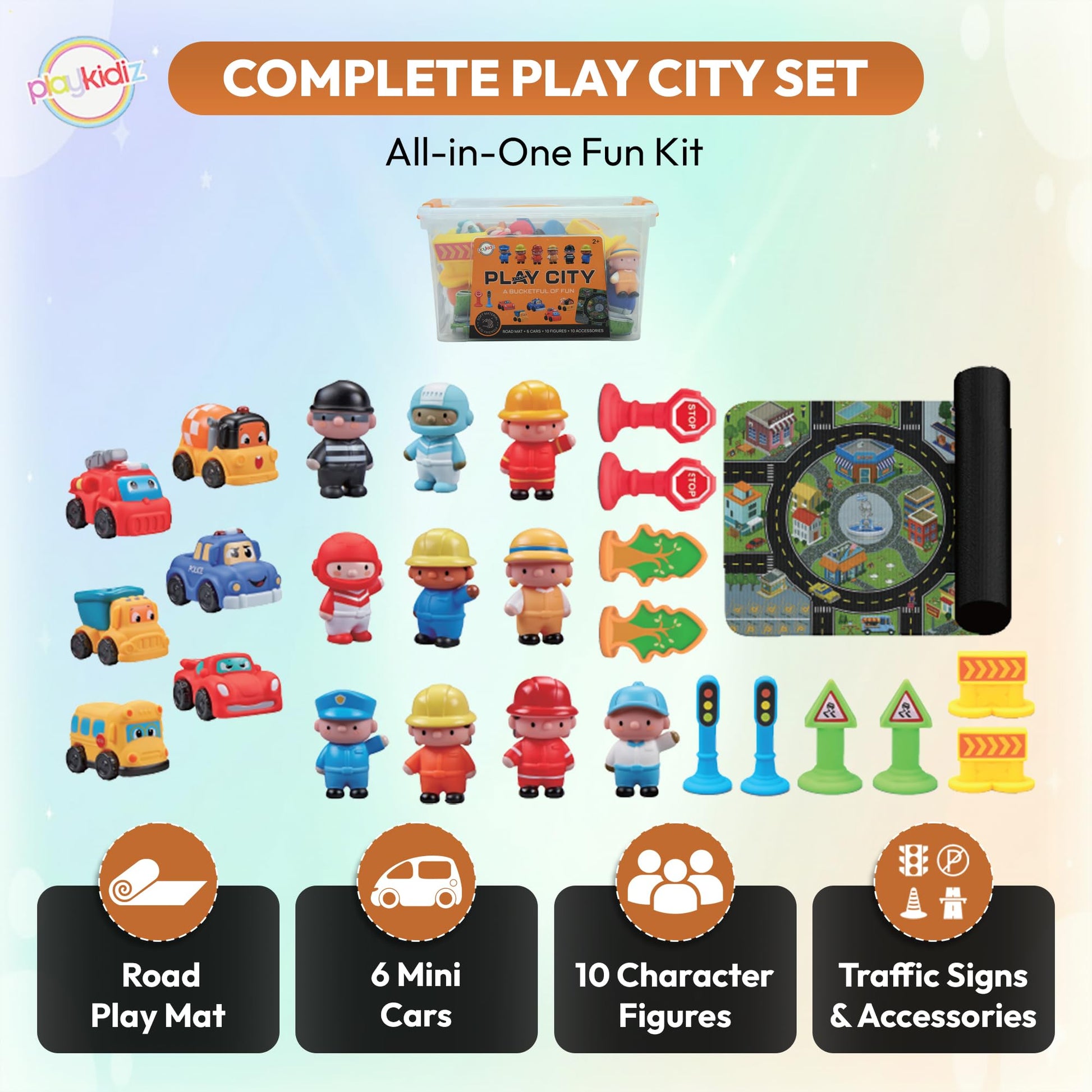 Playkidiz Kids Toy Car Set with Road Play Mat, 26 PCS Play City Set with 6 Toy Cars, 10 Figures & 10 Traffic Accessories, City Playset for Toddlers