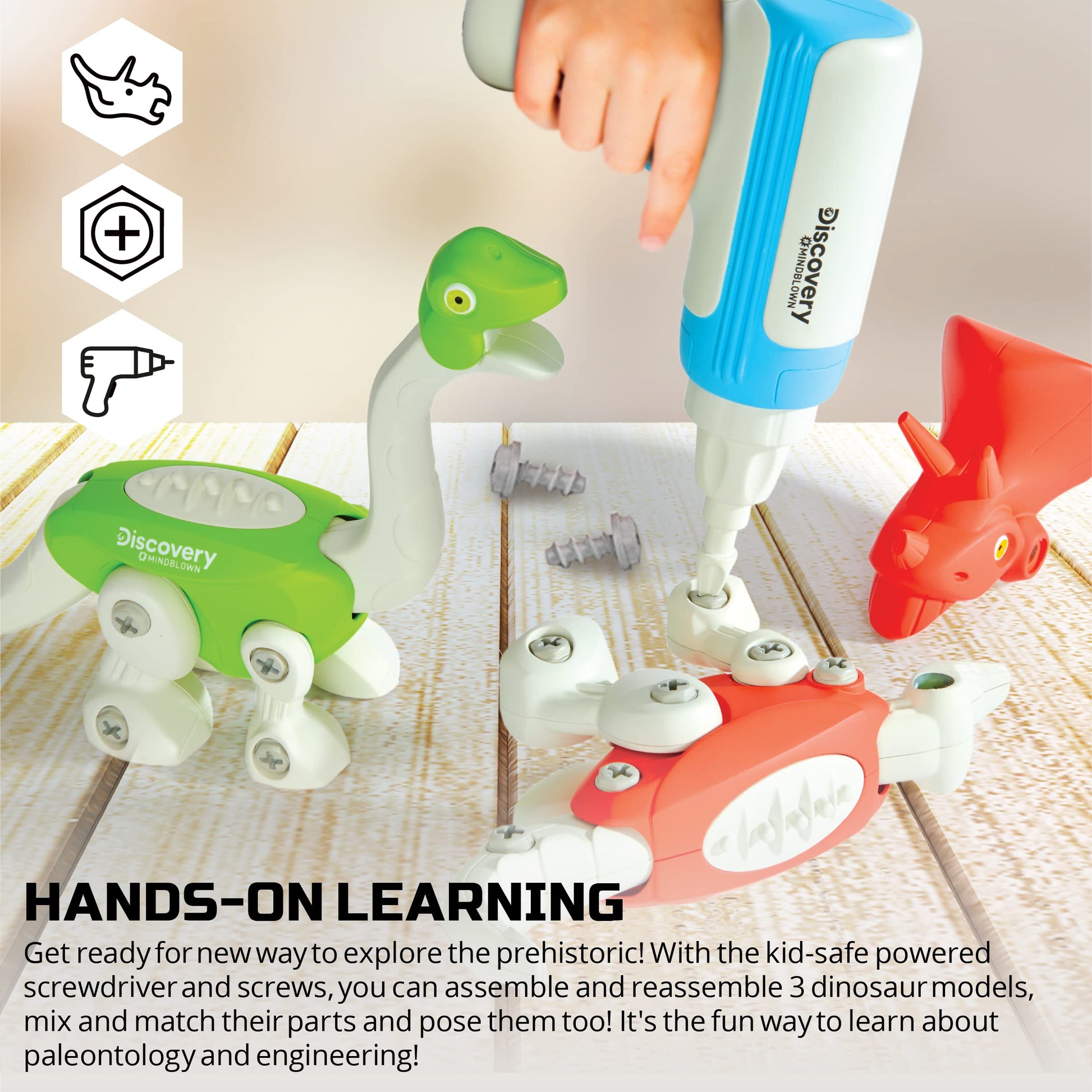 Discovery™ Dinosaur Construction Set, 90-Piece Action Model Build Kit, Kid-Safe Electronic Tools & Screws, Create T-Rex Triceratops, Prehistoric