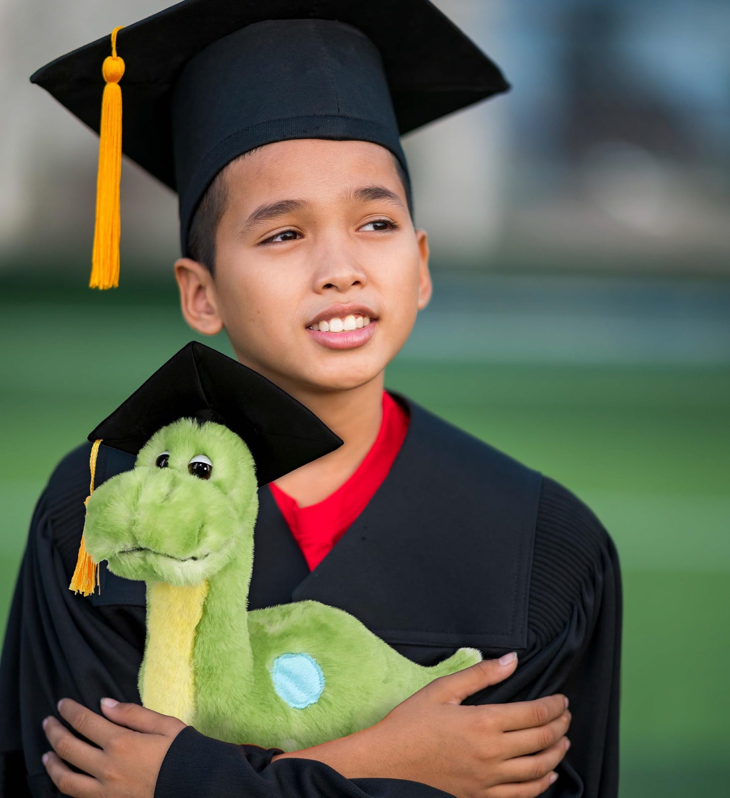 DolliBu Green Dinosaur Graduation Plush Toy - Super Soft Plush Graduation Stuffed Animal Dress Up with Gown & Cap with Tassel Outfit - Congratulatory