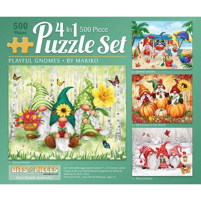 Bits and Pieces - 4-in-1 Multi-Pack 500 Piece Jigsaw Puzzles for Adults - Playful Gnomes' Jigsaw Puzzle Set Bundle by Makiko, Completed Puzzle Size