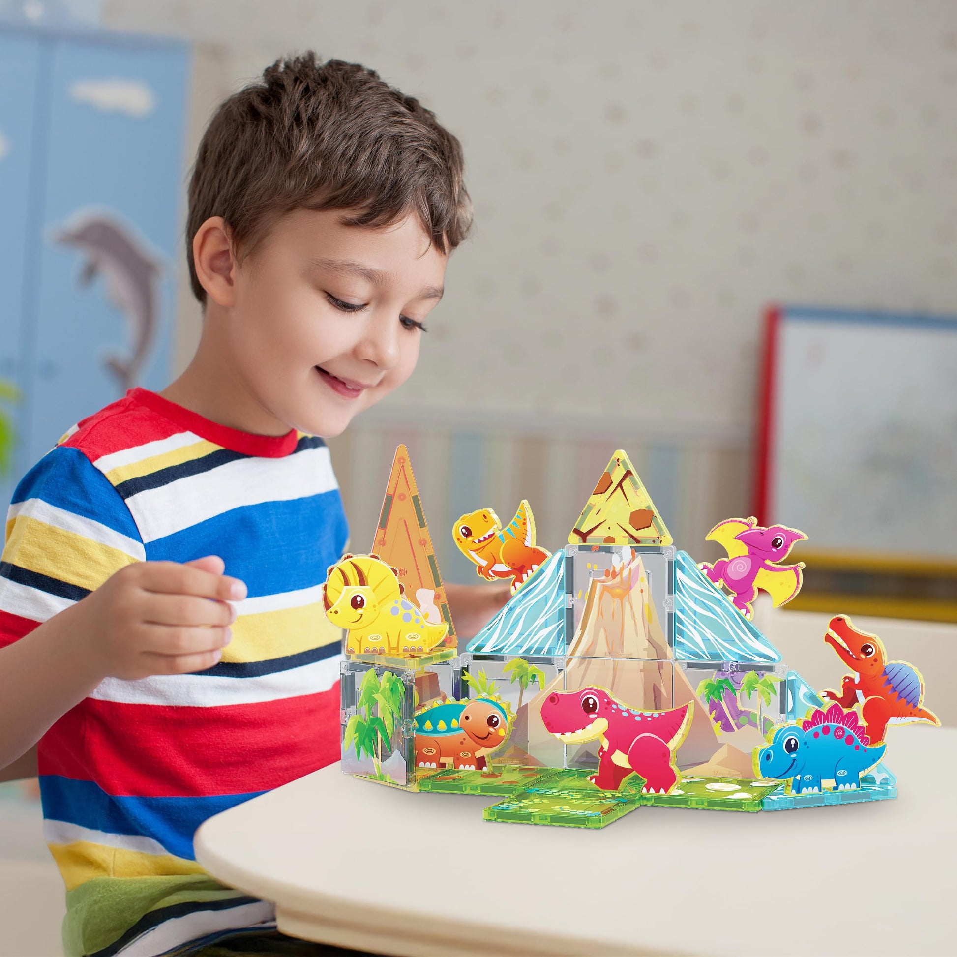PicassoTiles Magnet Tile Building Blocks Dinosaur World Themed Playset with 8 Animal Character Action Figures Magnetic Tiles STEM Learning Pretend