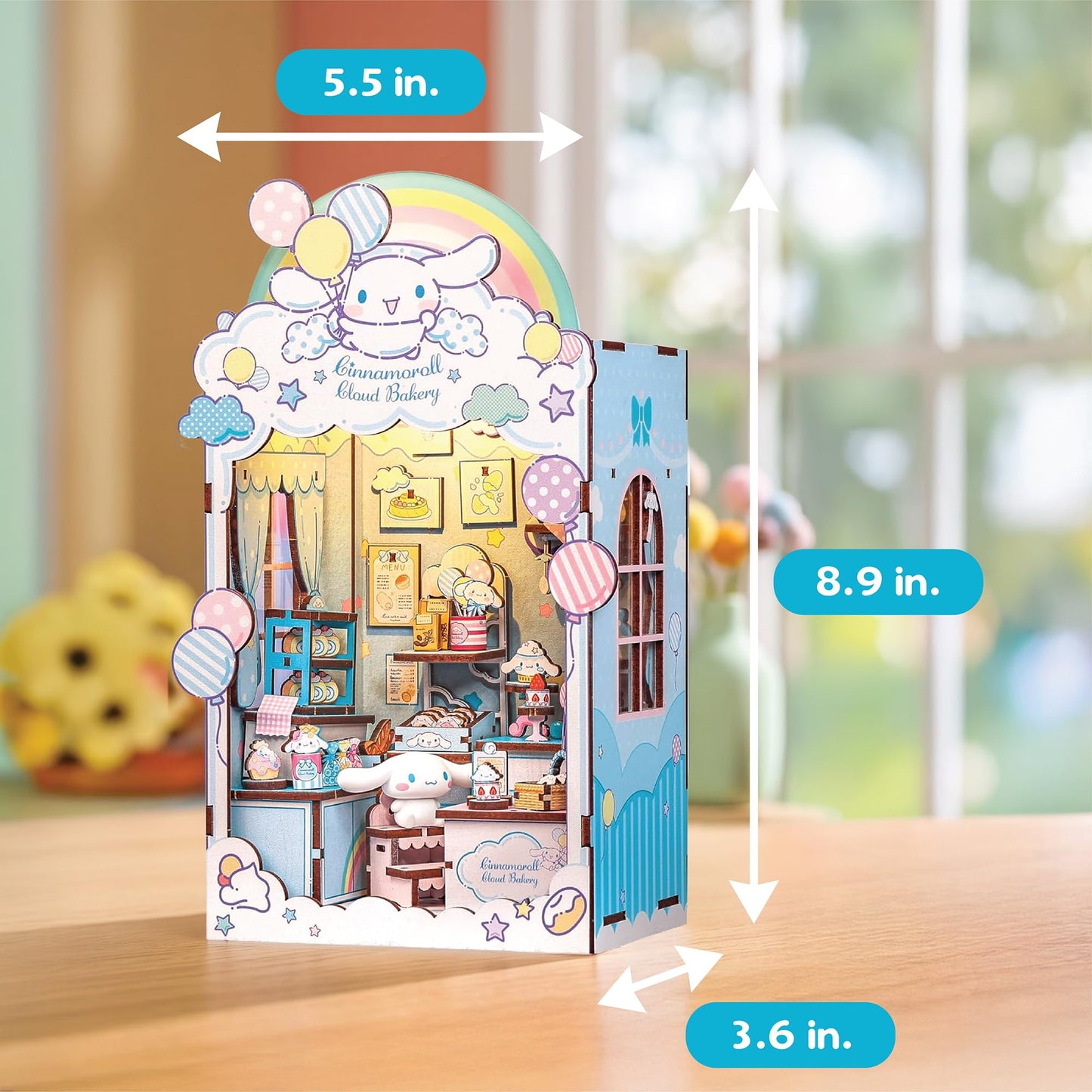 Hands Craft Cinnamoroll Cloud Bakery Book Nook Kit with Cinnamoroll Figurine - Kawaii 3D Puzzle with Touch Activated LED Lights - DIY Wooden Craft Kit