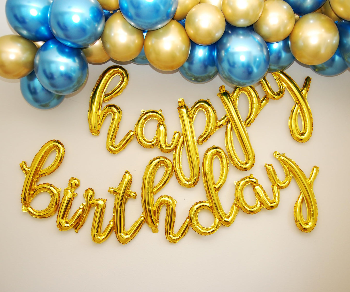 Gold Happy Birthday Balloons Banner | Script/Cursive Gold Letter Balloon Sign for Birthday Party Decor/Decoration | Foil Mylar Happy Birthday Banner