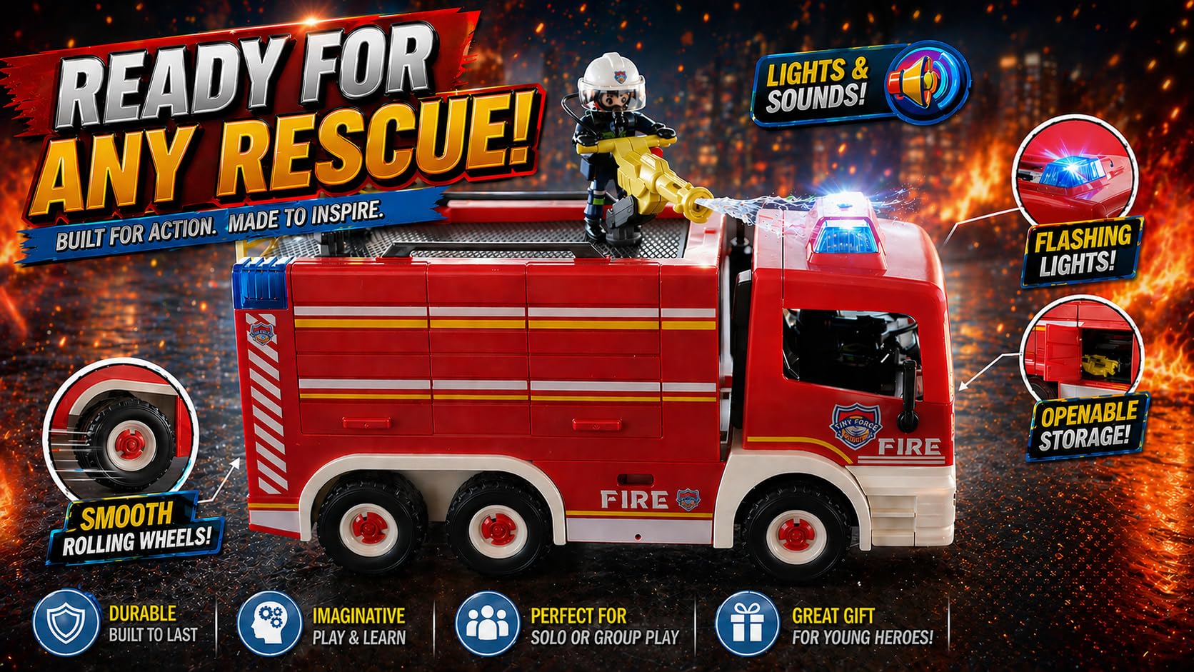 Tiny Force Fire Rescue Set - Fire Truck with Ladder, Toy Helicopter, Motorcycle & Fire Water Pump, Emergency Pretend Play Toys for Kids & Toddlers