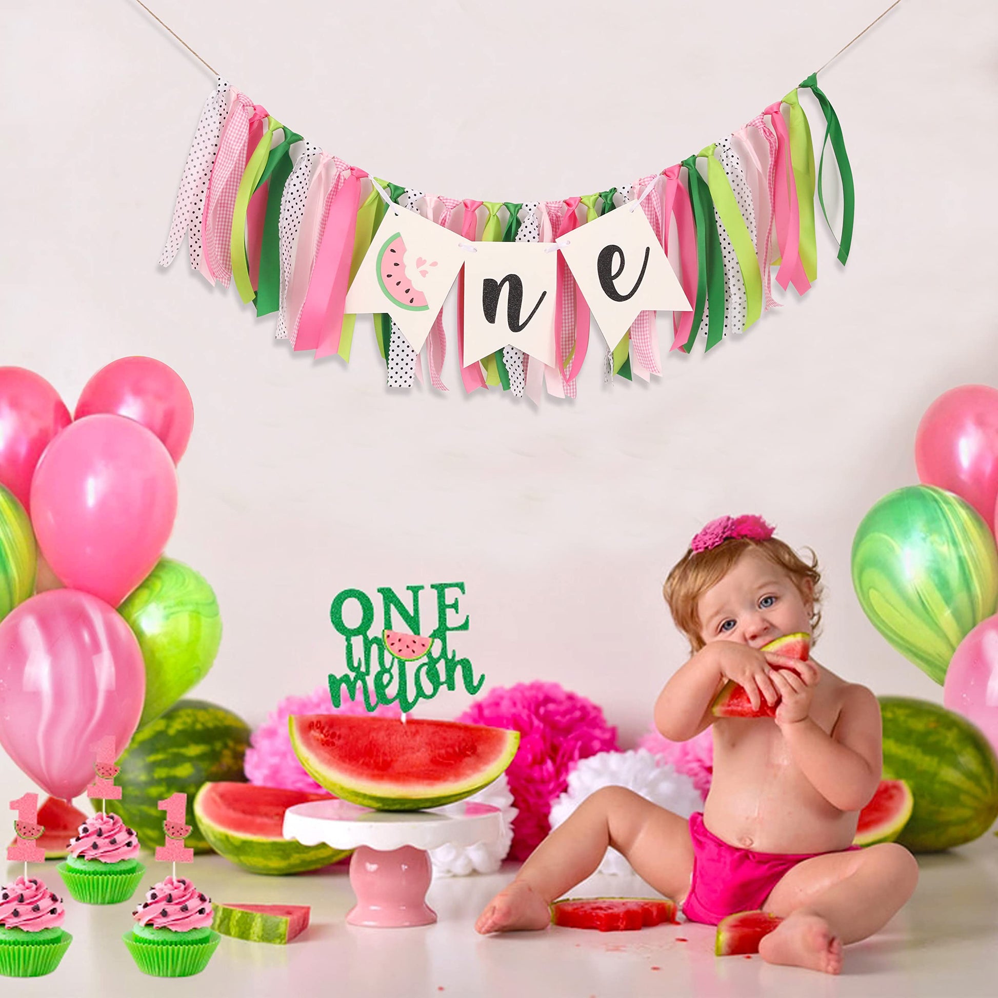 LINLULU Watermelon Highchair Banner, 1st Birthday Decorations for Girl, Fruits Theme, Red, Handmade, Reusable, Photo Prop, 80*8.75 inches