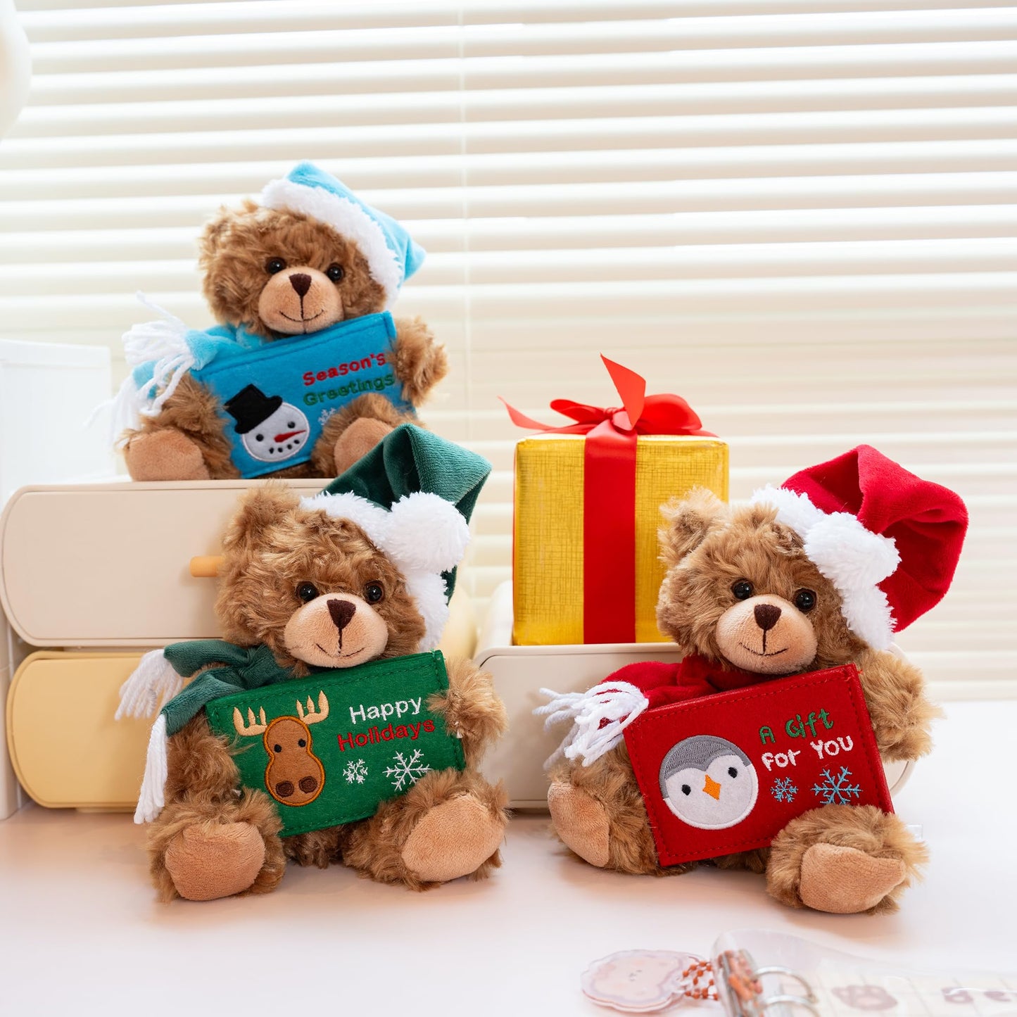 Plushland Mocha Bear Glittering Xmas Gift Card Holder -Stuffed Animal Plush Toys with Christmas Card Slot - Festive Holiday Toy & Gift for Xmas