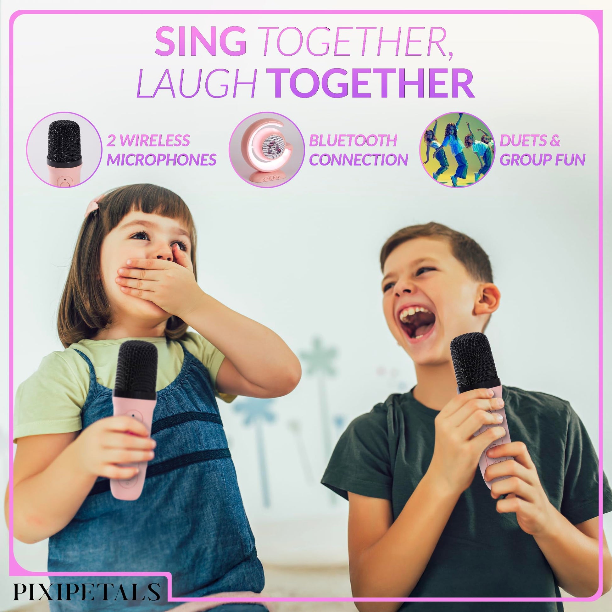 Portable Bluetooth Karaoke Machine for Kids - Karaoke Speaker for Girls with 2 Wireless Microphones, Party Lights, and Voice Effects - Pink Unicorn