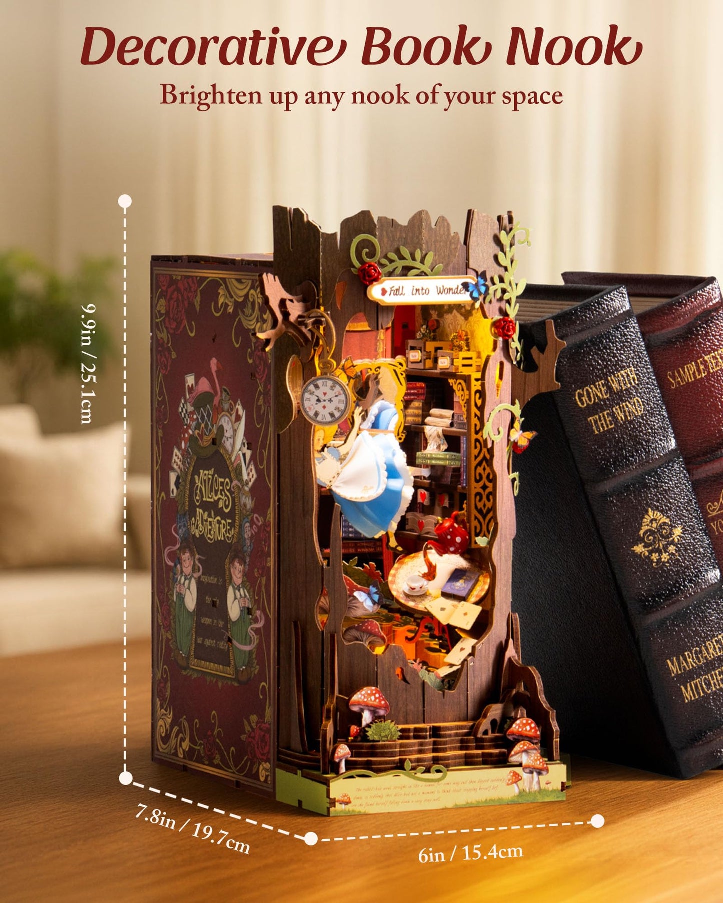 ROBOTIME Book Nook Kits Fall into Wonder, Miniature House Decorative Bookend with LED Light, Fantasy Fairy Tale Bookshelf Decor, DIY Wooden Craft