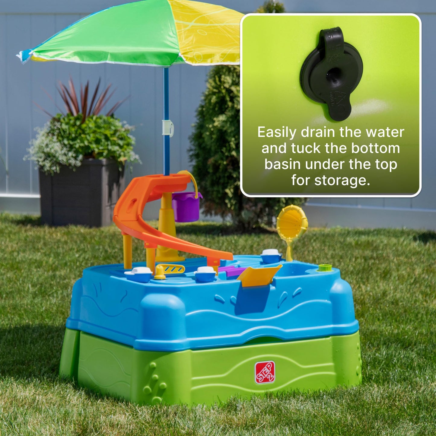 Step2 Waterpark Wonders Two Tier Water Table, Kids Water Activity Sensory Playset with Umbrella, Garden Hose Sprinkler Attachment, 11 Piece