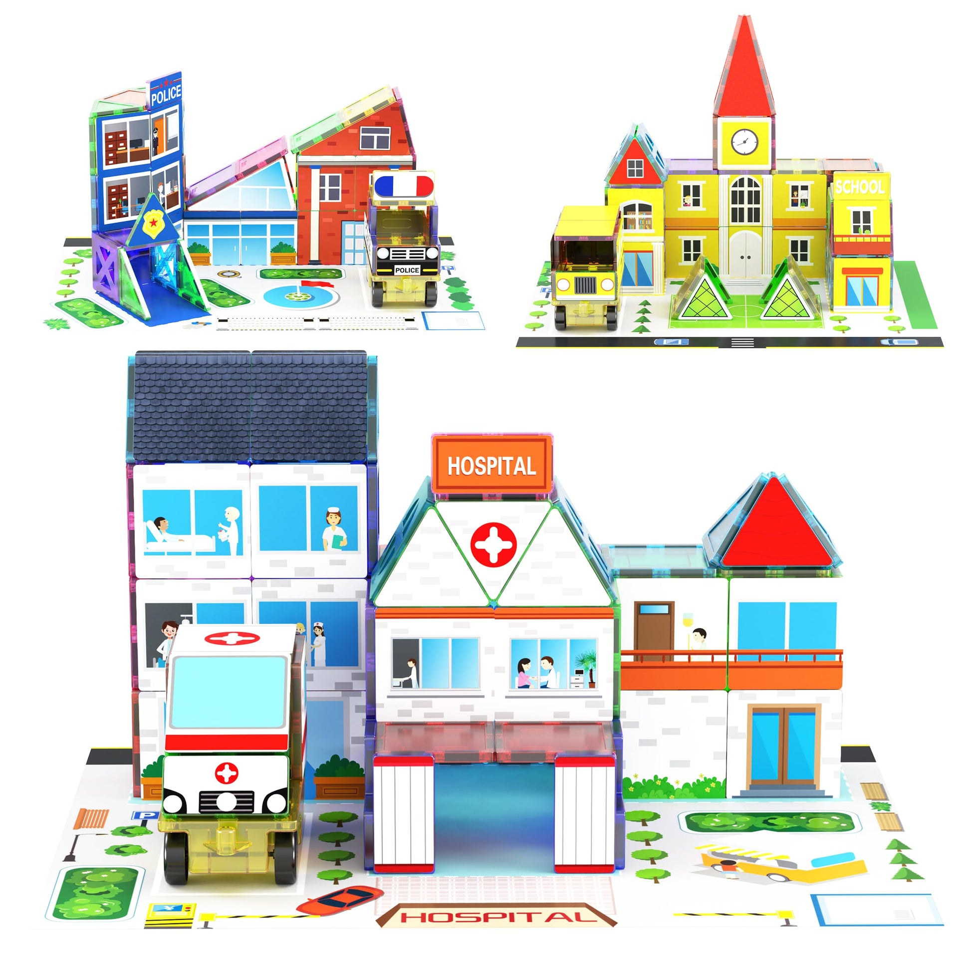 PicassoTiles 3-in-1 Theme Set School Hospital Police Station Magnet Self Adhesive Backing Stick-On Sheet Combo w/Car Magnet Building Block Playset