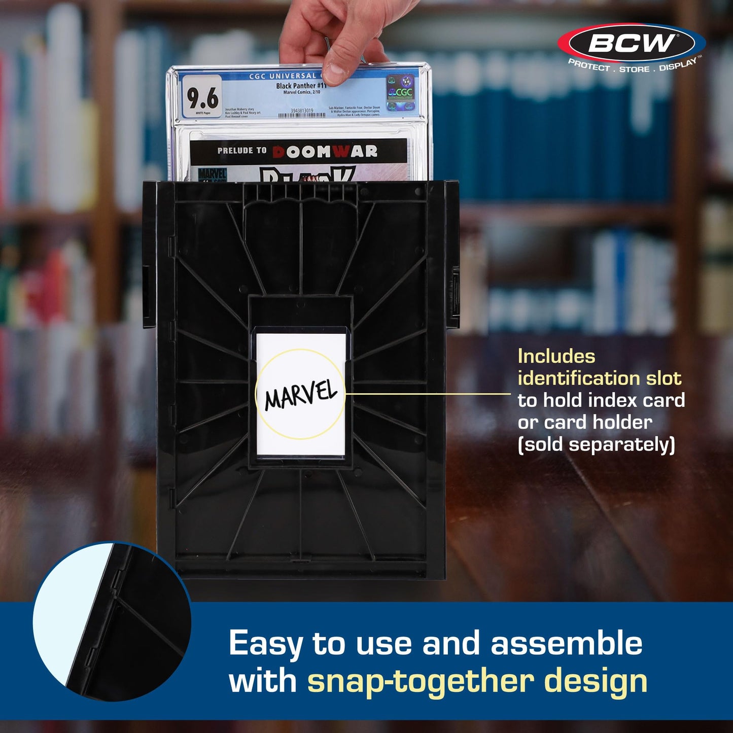 BCW Graded Comic Book Bin with Partition - Black (1 Pack) | Holds Up To 30 Graded Comics | Stackable Comic Book Box Storage for CGC, CBCS & Slabs