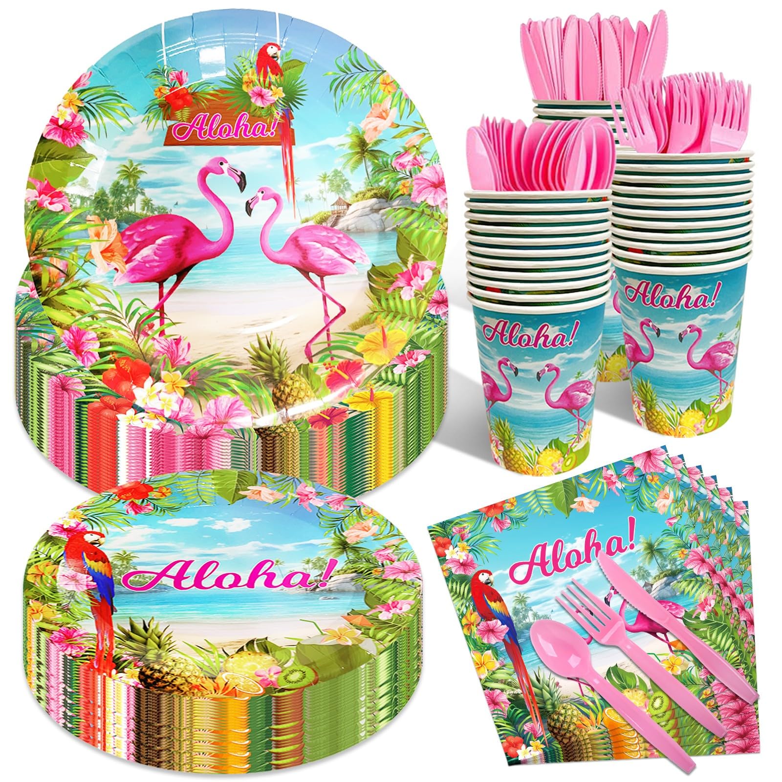 175 Pcs Aloha Tropical Flamingo Party Supplies Set - Serves 25, Hawaiian Luau Disposable Tableware, Includes Plates, Cups, Napkins, Forks, Spoons