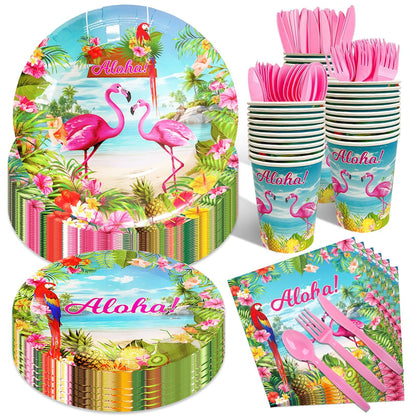 175 Pcs Aloha Tropical Flamingo Party Supplies Set - Serves 25, Hawaiian Luau Disposable Tableware, Includes Plates, Cups, Napkins, Forks, Spoons