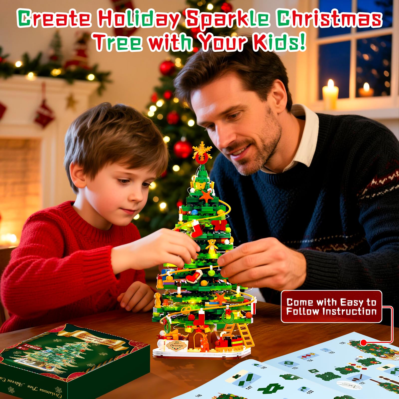 Christmas Tree Building Block Set with Light Kit, Building Toy Compatible with Christmas Sets, Xmas Tree Holiday Decoration for Kids Ages 8-14
