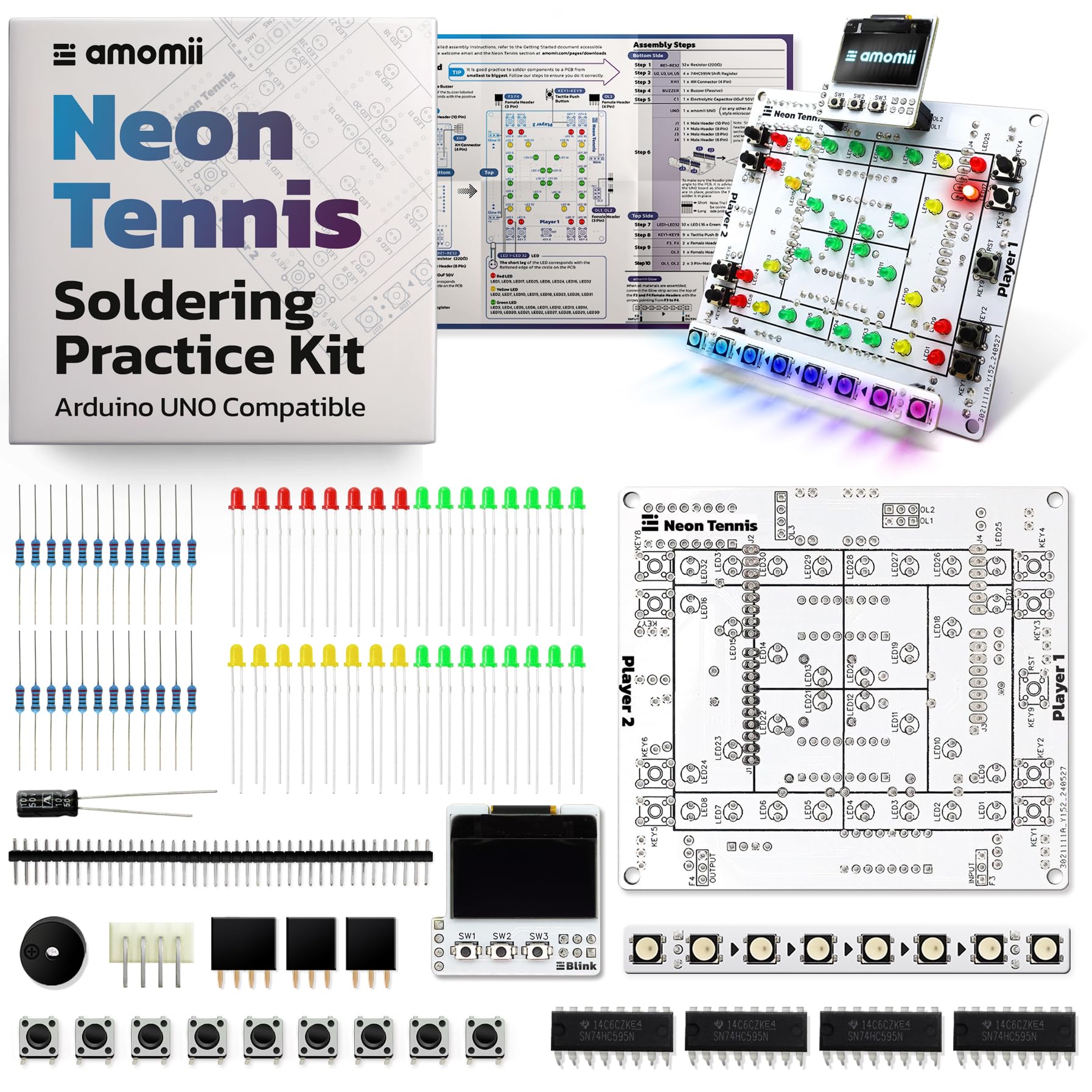 amomii Neon Tennis Soldering Practice Kit for Arduino UNO, 2-Player Game