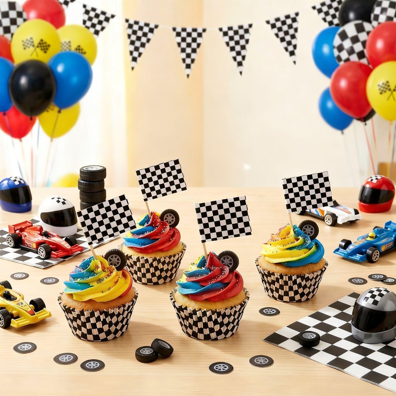 TecUnite 100 Pcs Race Car Checkered Flag Cupcake Wrappers Liners and 100 Pcs Cupcake Toppers Race Car Party Cake Decoration for Racing Checkered Theme