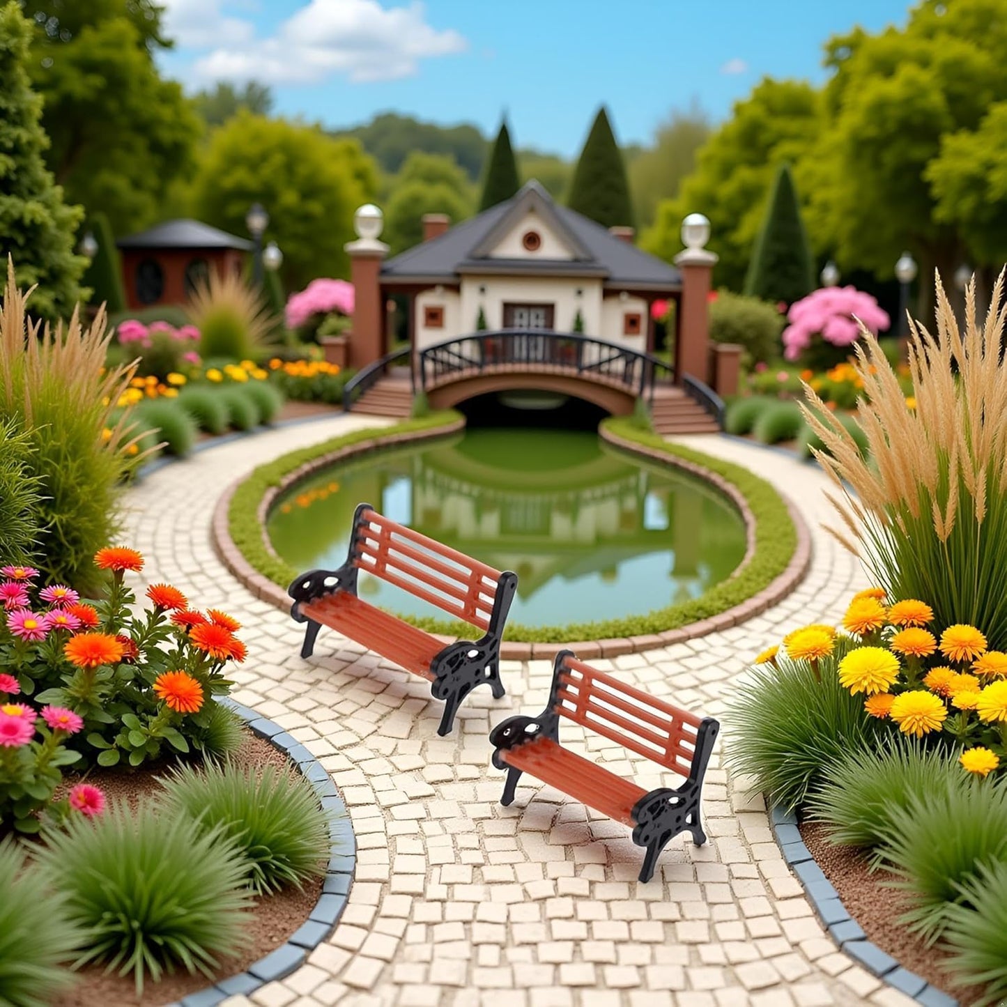 Miniature Park Bench Set 2-Pack - 1:12 Scale Brown Garden Seats with Realistic Detailing, Tiny Park Benches for Dollhouse and Fairy Garden