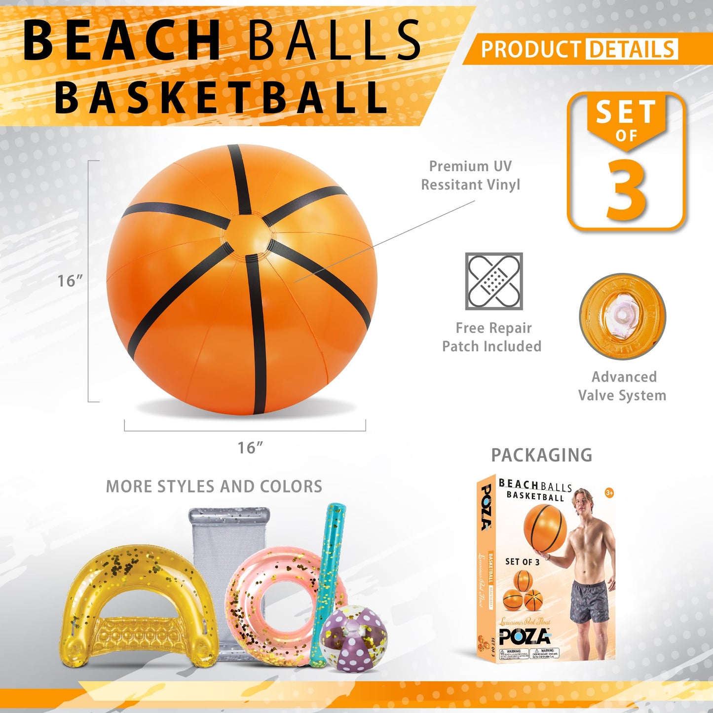 POZA 16-Inch Inflatable Beach Balls Set of 3 - Large Inflatable Sports Balls for Basketball Party Decorations or Summer Pool Party Decor