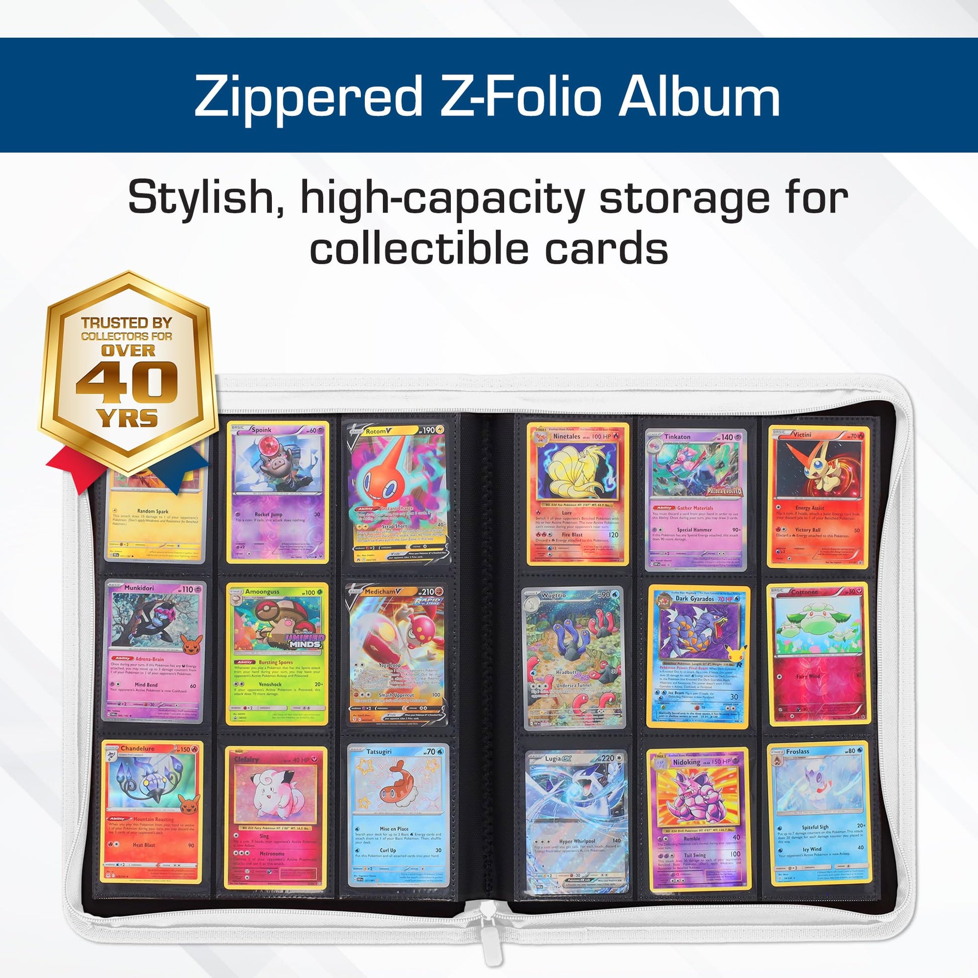 BCW Z-Folio 9-Pocket LX Album - White | Secure Zipper Card Organizer | Premium Leatherette Card Collection Binder | Trading Card Binder for Pokemon