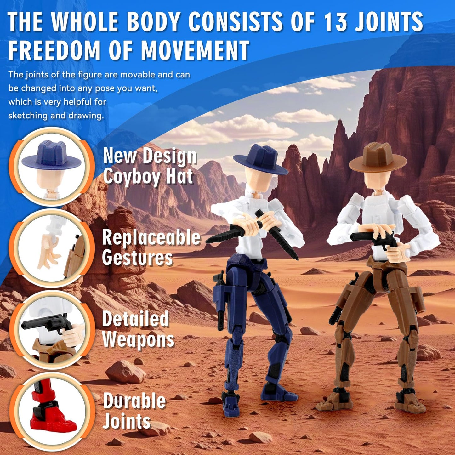 Deeplus Titan 13 Action Figure, Cowboy Already Assembled 13 Dummy 13 Action Figures for Boys, 2-Pack Cowboy 5.4 inches T Lucky Robot 13 Action Figure