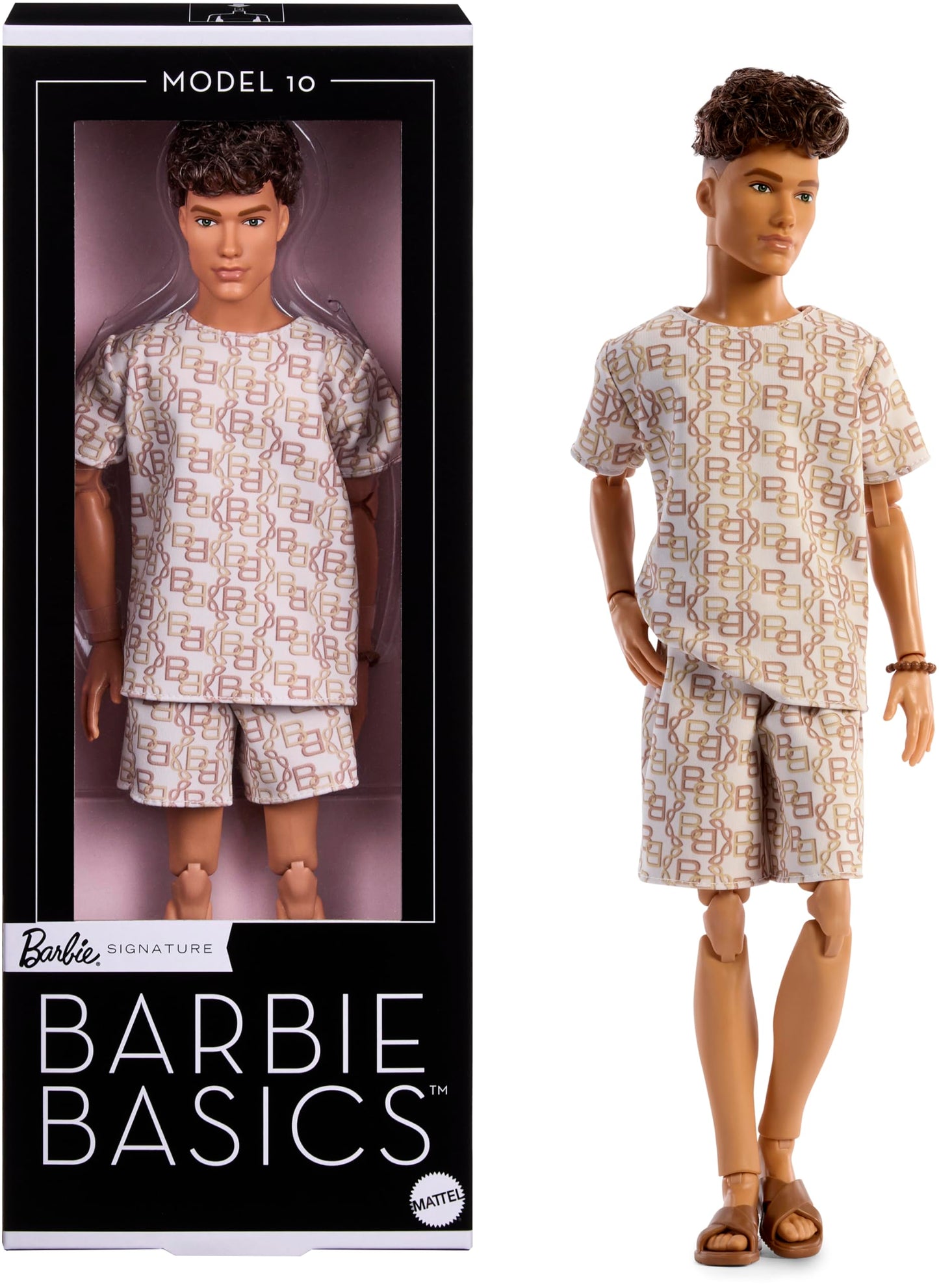 Barbie Basics Model Collector Ken Fashion Doll 10 with Brunette Hair in Shirt & Shorts with Matching Print, Universal-fit Fashions & Posable Body