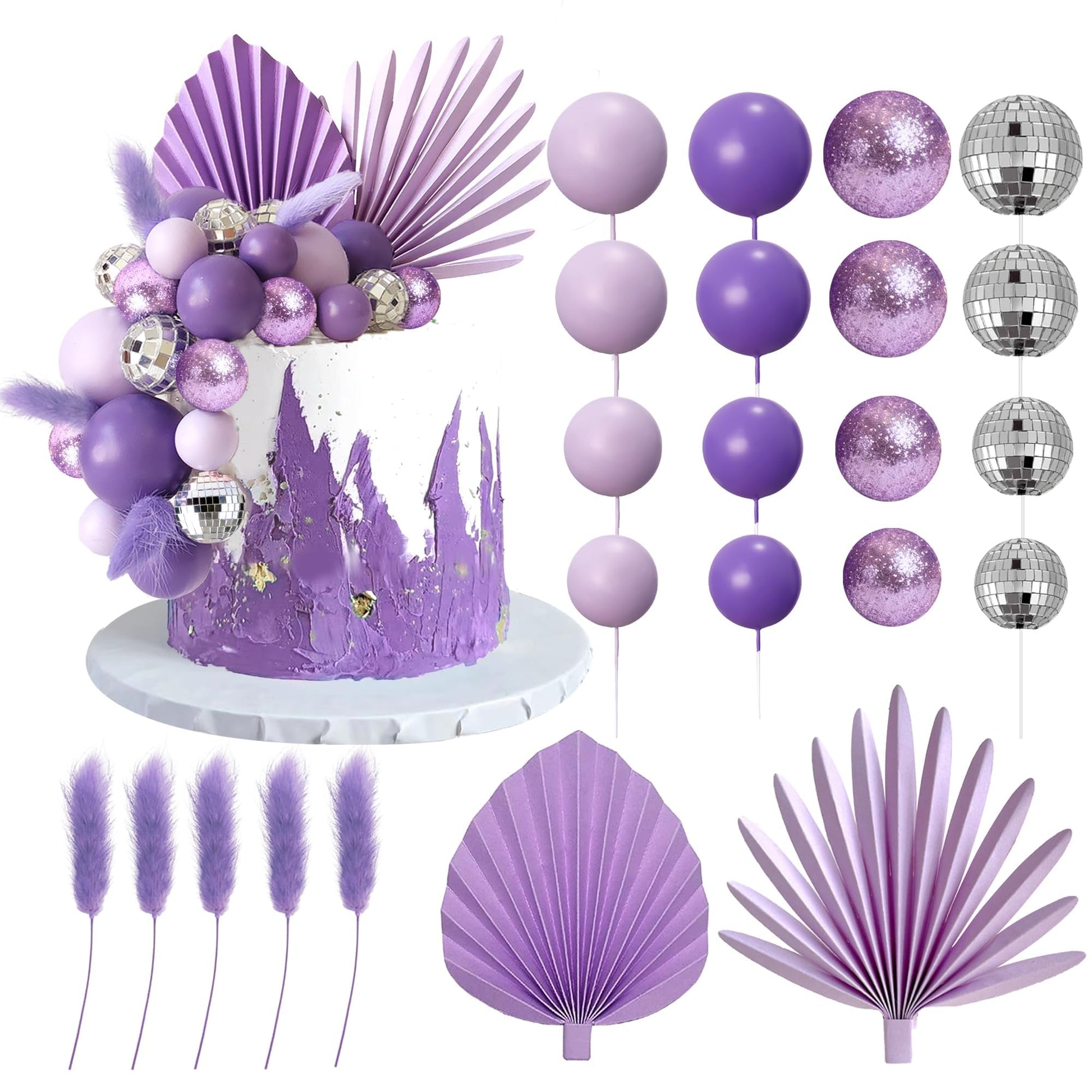 38 PCS Balls Cake Toppers Palm Leaves Cake Decorations for Birthday Wedding Baby Shower Party Supplies (Purple)