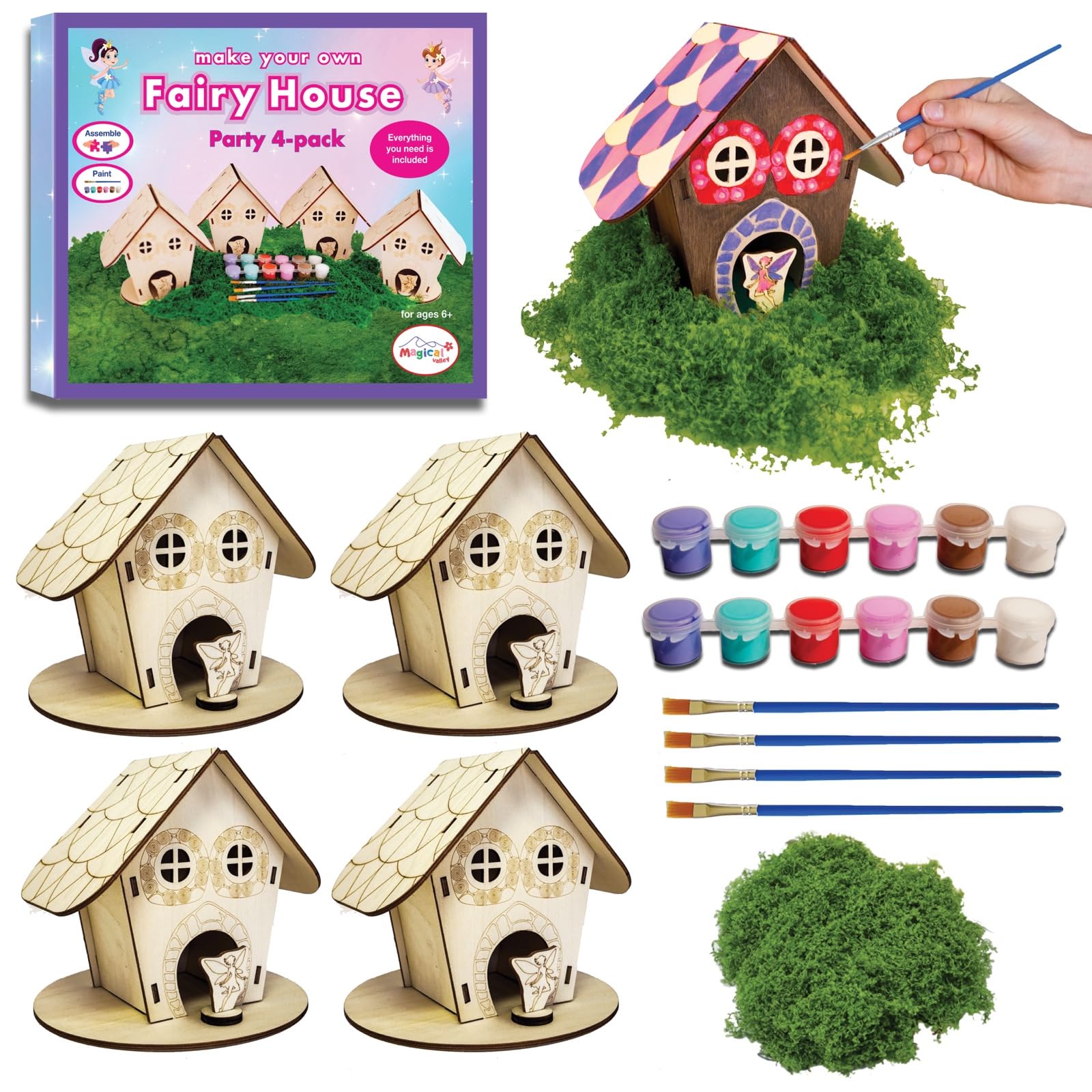 Magical Valley Fairy House Craft Kit 4-Pack for Kids, DIY Wooden Fairy Houses with Paint & Accessories, Arts & Crafts for Kids, Party Activity Kit