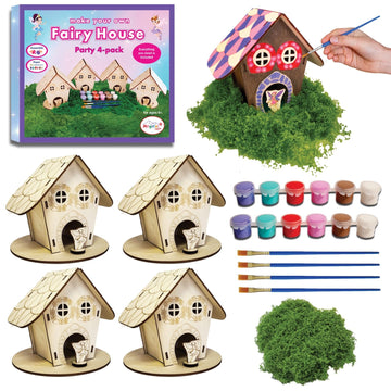 Magical Valley Fairy House Craft Kit 4-Pack for Kids, DIY Wooden Fairy Houses with Paint & Accessories, Arts & Crafts for Kids, Party Activity Kit