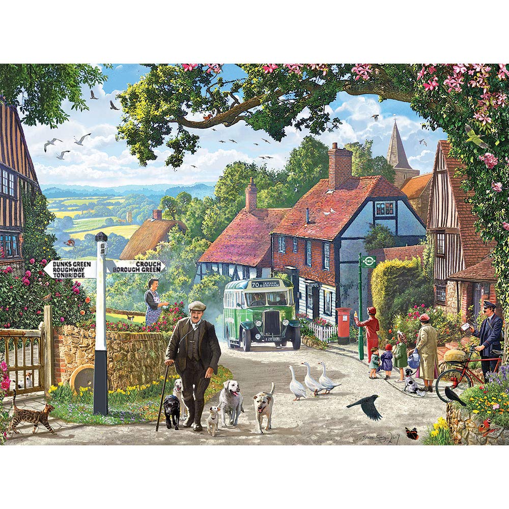 Bits and Pieces - 500 Piece Jigsaw Puzzle for Adults - The Country Bus - Small Town in The English Countryside Jigsaw Puzzle by Artist Steve Crisp