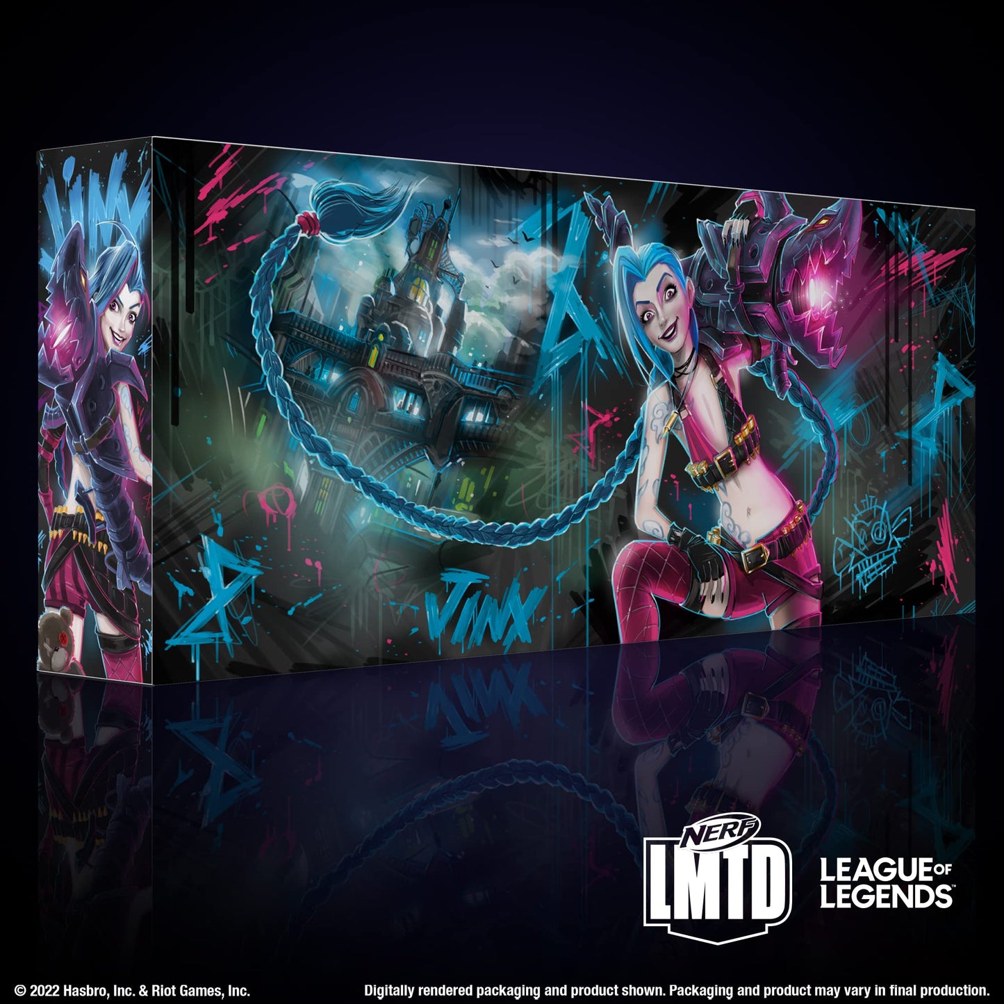 Nerf LMTD League of Legends Jinx Fishbones Blaster, 18 Dart Drum, 18 Elite Darts, 3 Dart Burst, Display Stand