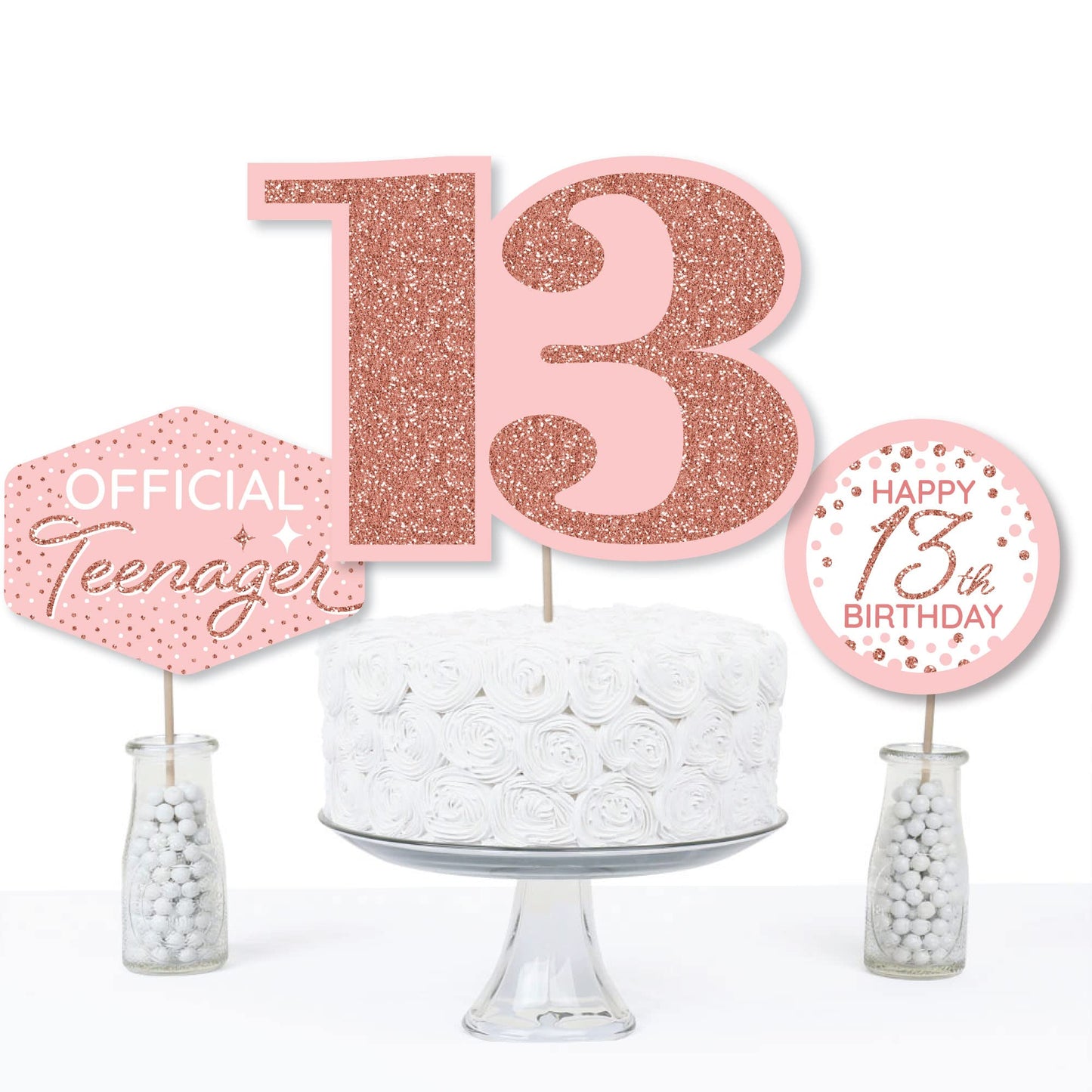 Big Dot of Happiness 13th Pink Rose Gold Birthday - Happy Birthday Party Centerpiece Sticks - Table Toppers - Set of 15