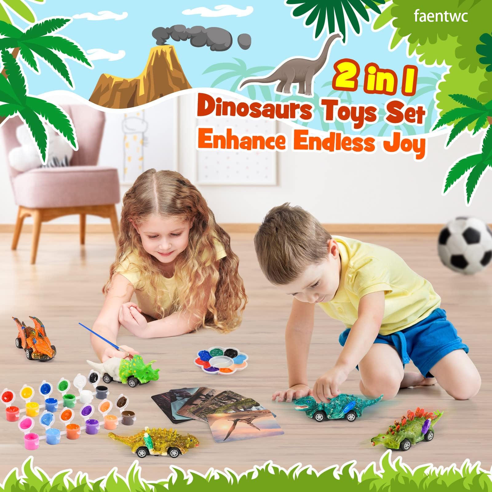 faentwc Dinosaur Painting Toys for Kids 5-7: Birthday Gifts for Kid Age 3-12 2 in 1 Dino Arts Painting Kits and Pull Back Cars Toy for Boys 4 5 6 7 8
