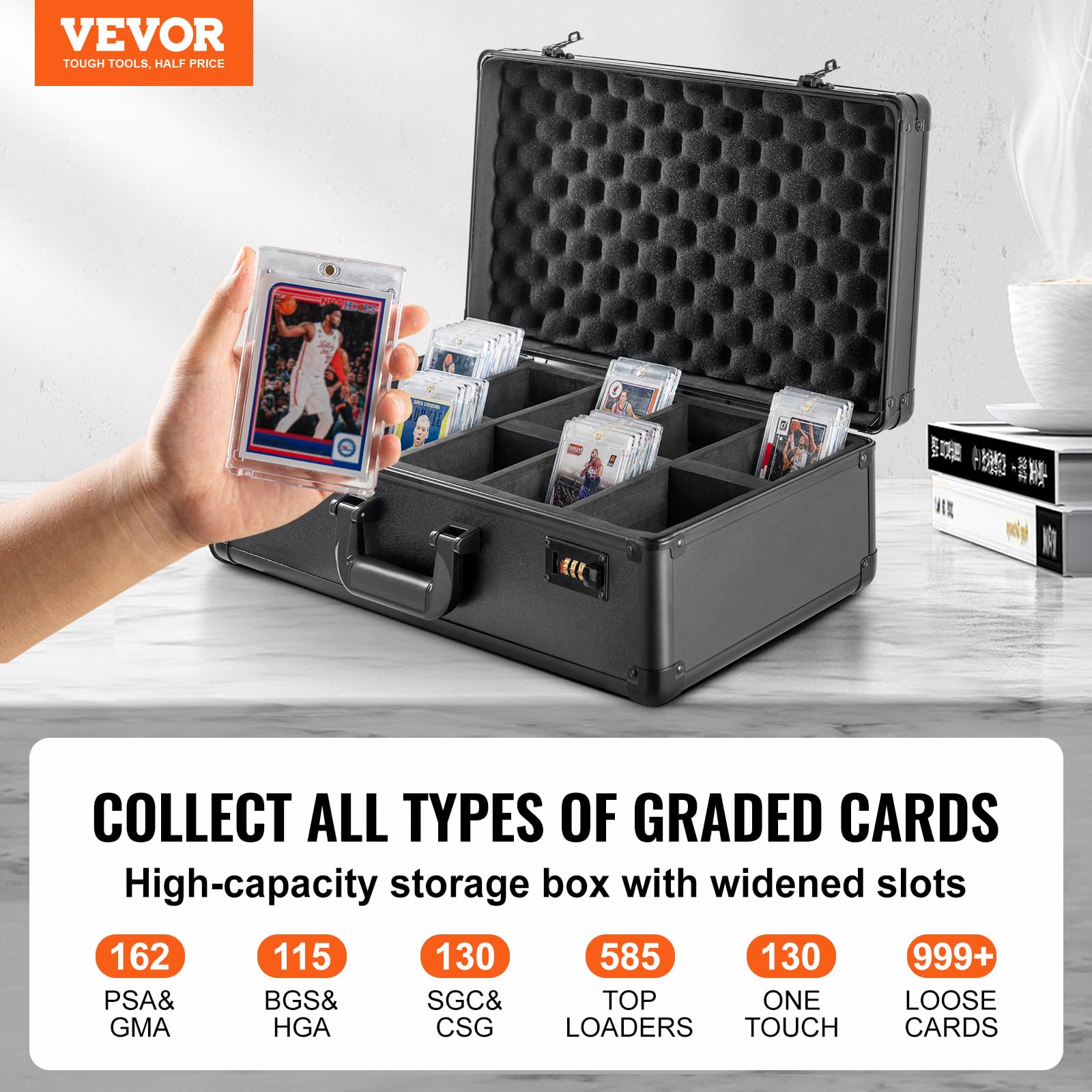 VEVOR 162 PSA Graded Sports Card Holder Box - 5 Slot Case with Coded Lock - Holds 115 BGS, 130 SGC or 999+ Loose Cards