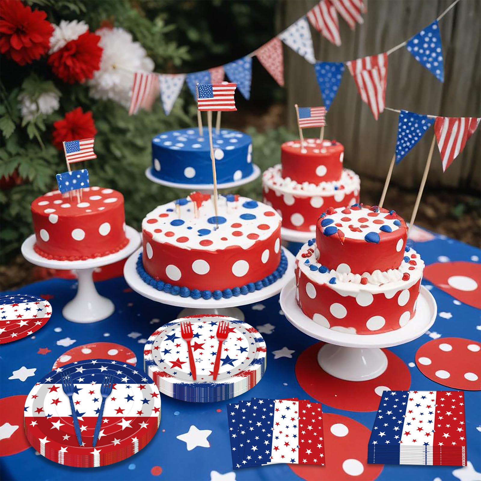 100 Pcs Patriotic Party Supplies Set, Serves 25 - Disposable Red White Blue Star Paper Plates, Napkins, and Forks, American Flag Themed Tableware