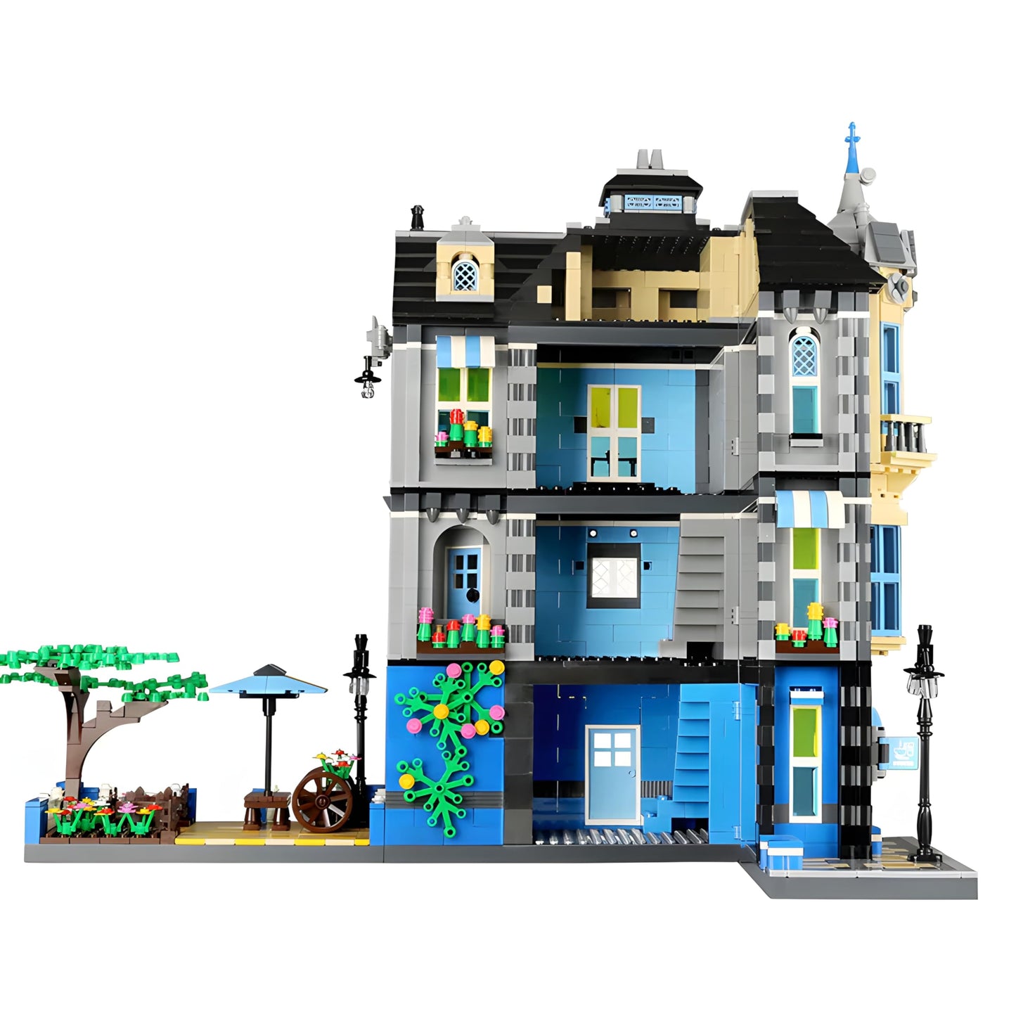 General Jim's Victorian Townhouse & Garden Coffee Shop Building Block Set, 2313 Pieces, 3-Story Modular City Building Model, Blue and Yellow