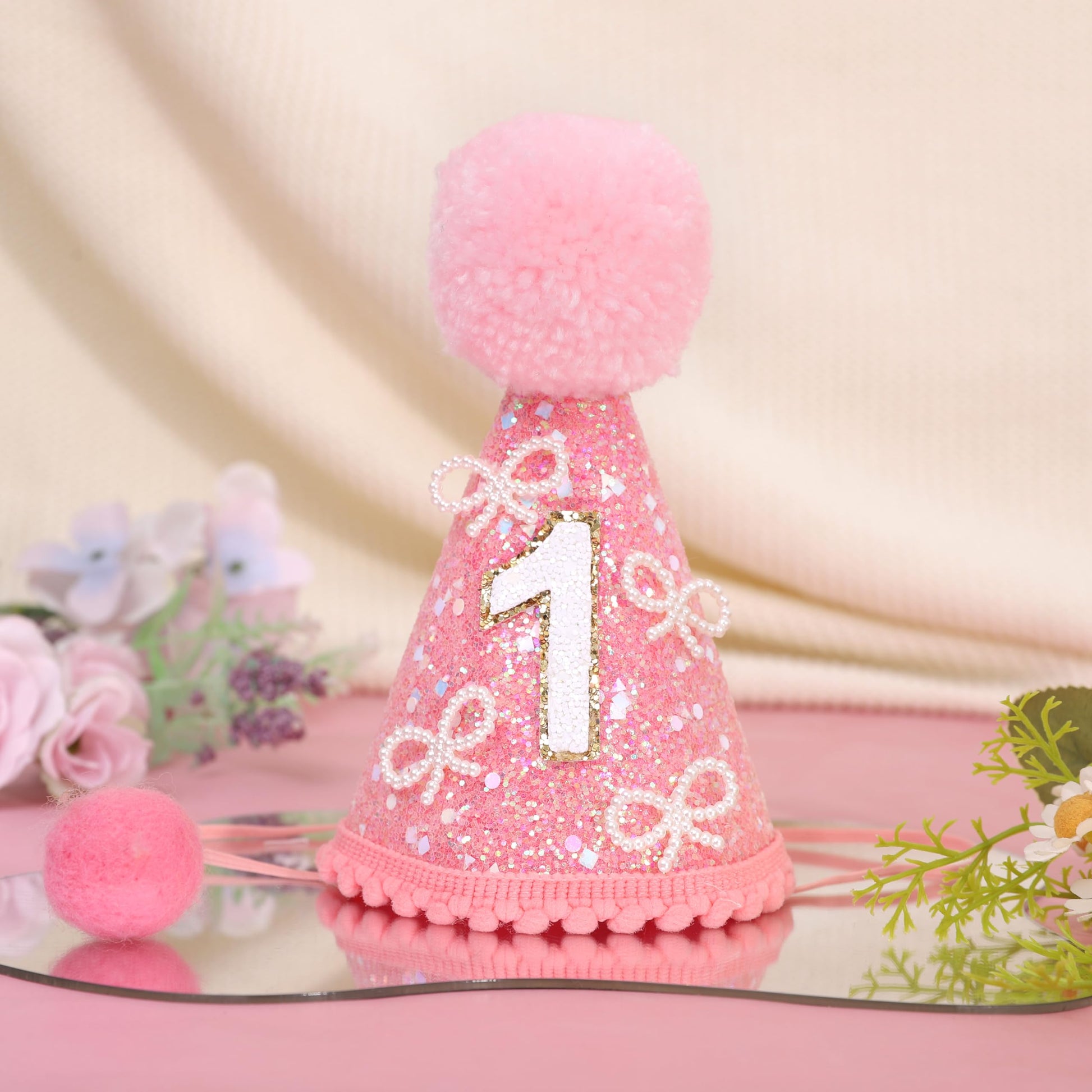 MAMUXI Pearl Bow Pink 1st Birthday Hat - Sweet One Birthday Party Decorations, Bling Bling Pink Hat Photo Props, Little Princess First Party