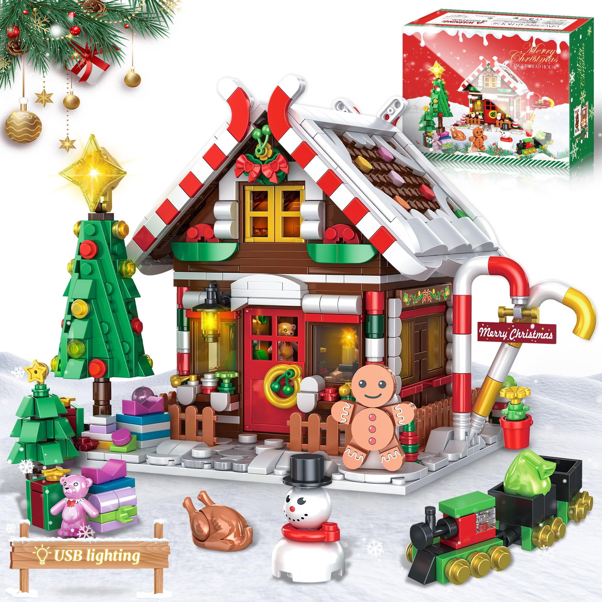 Christmas Gingerbread House Building Block for Girls Age 12+ with LED Lights, Christmas Village House Blocks Set with Christmas Tree and Train