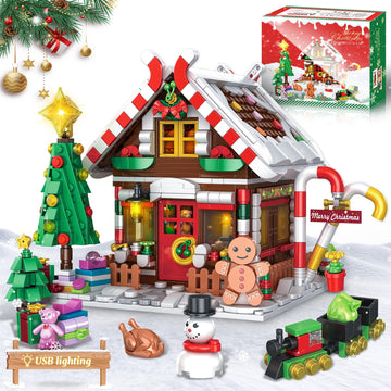 Christmas Gingerbread House Building Block for Girls Age 12+ with LED Lights, Christmas Village House Blocks Set with Christmas Tree and Train