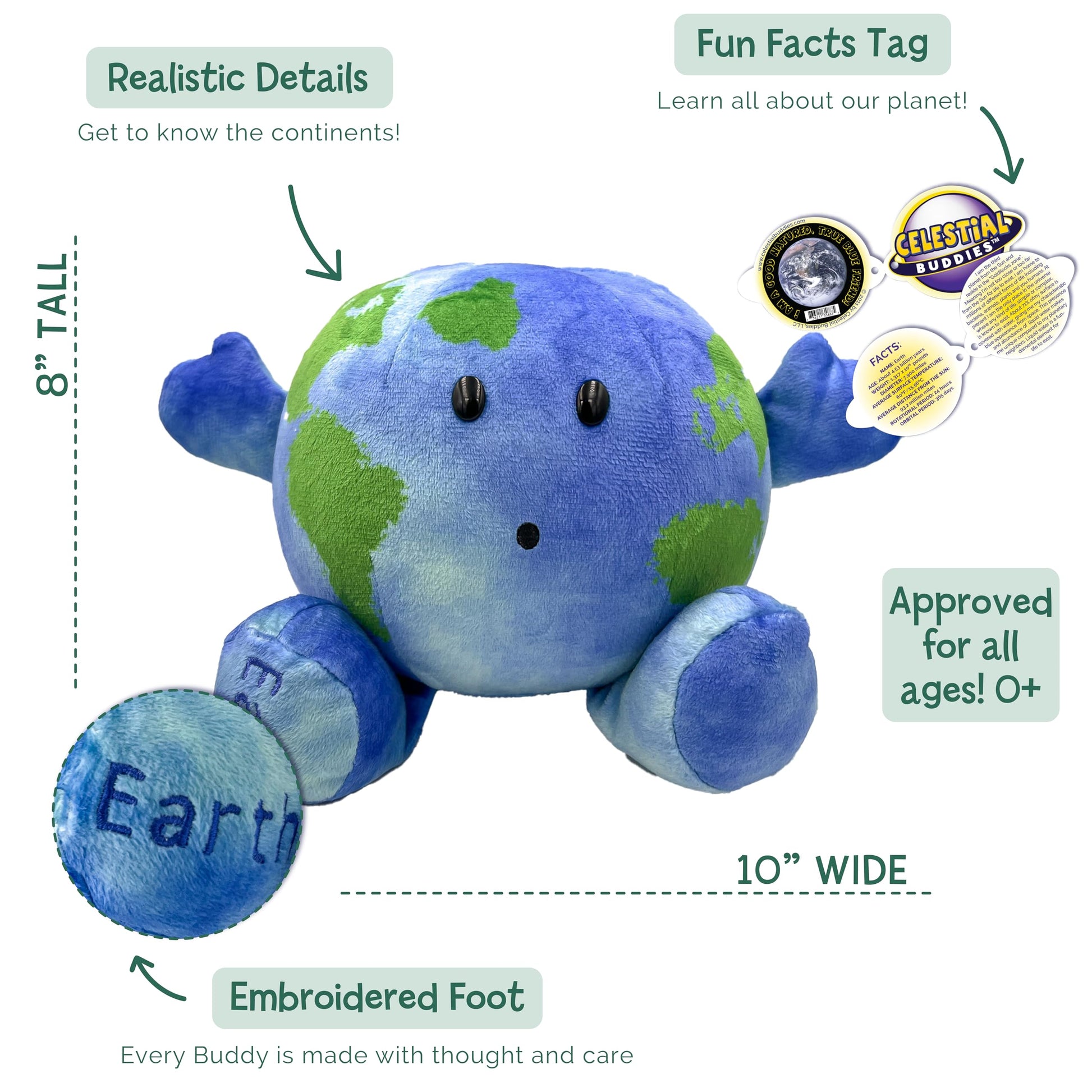 Celestial Buddies Little Earth Buddy | 10" Soft Stuffed Plush, Fun Planet Facts Tag for Kids - STEM Learning Educational Gift, Classroom & Homeschool